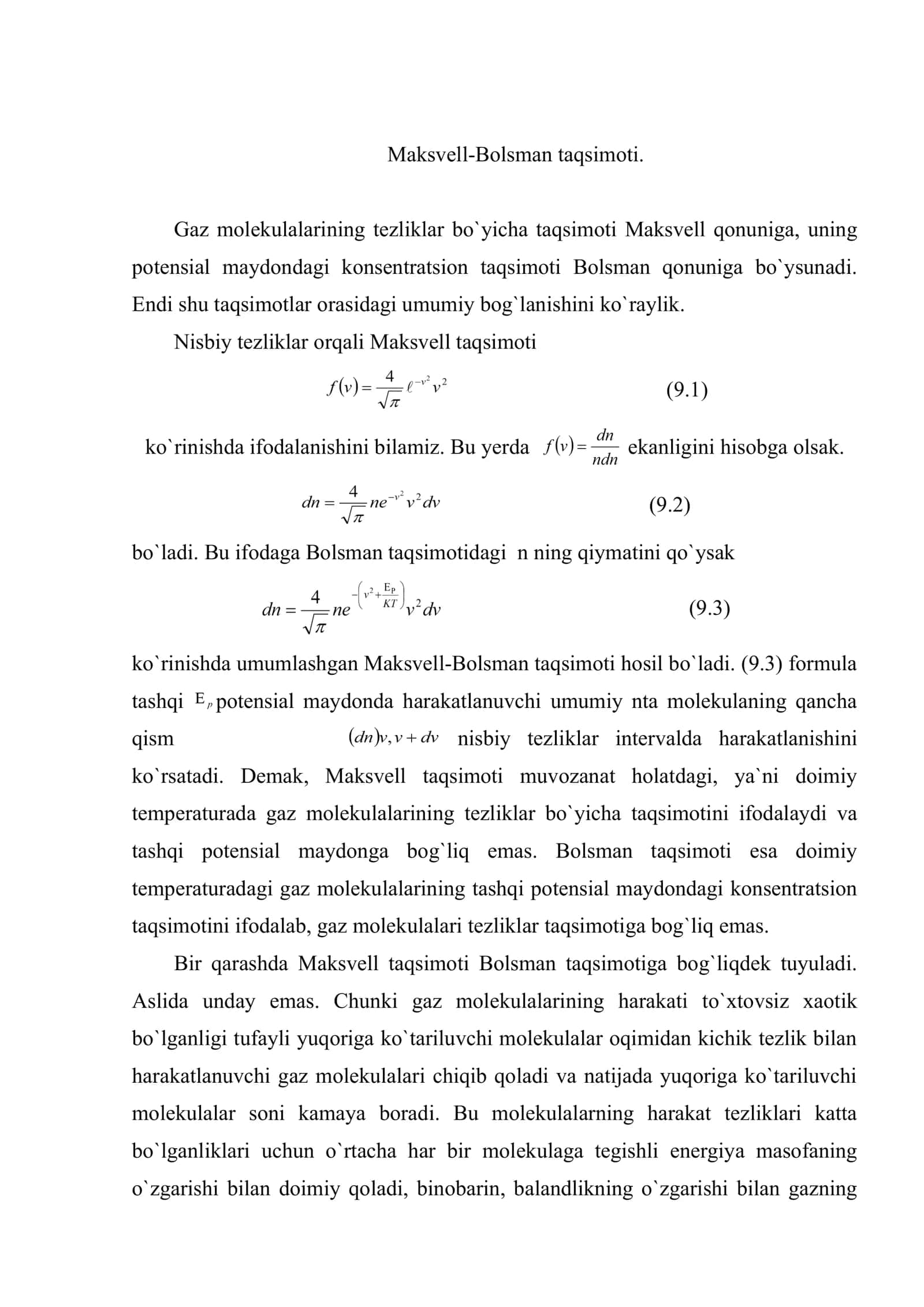 Maksvell-Bolsman taqsimoti. Fermi-Dirak va Boze – Eynshteyn statistikasi to`g`risida tushuncha 2
