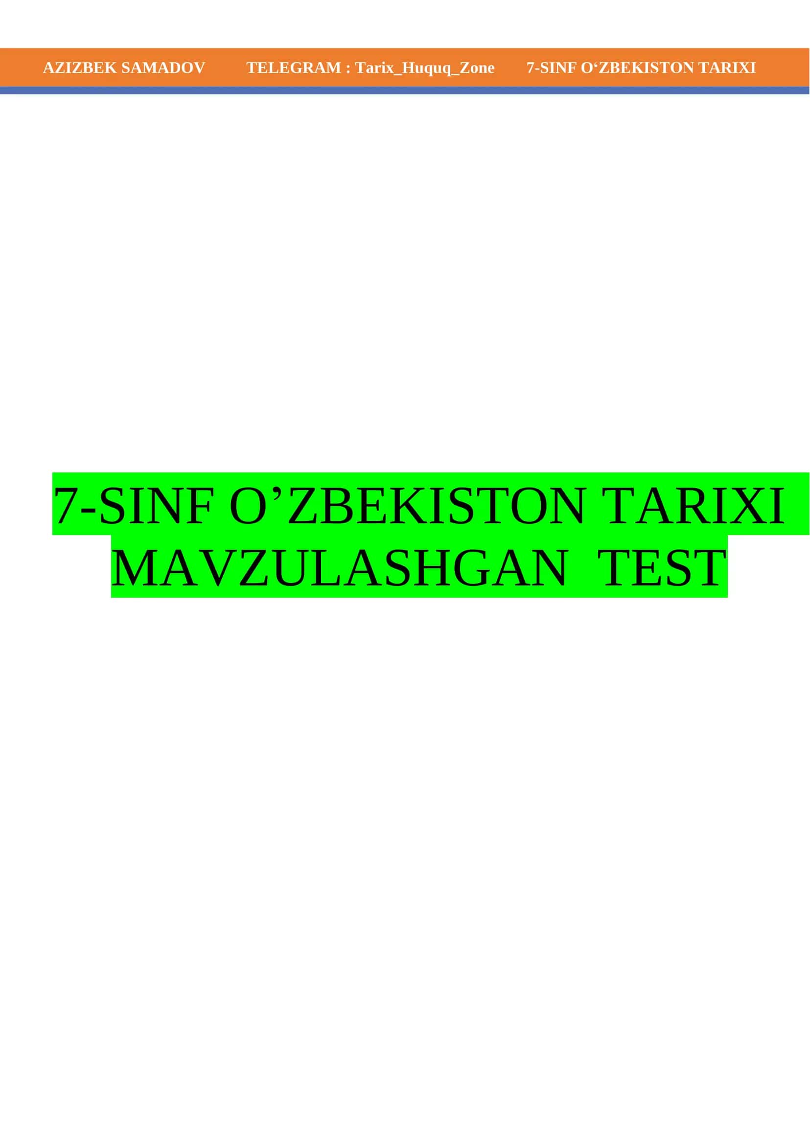 7-SINF O'ZBEKISTON TARIXI Test 2