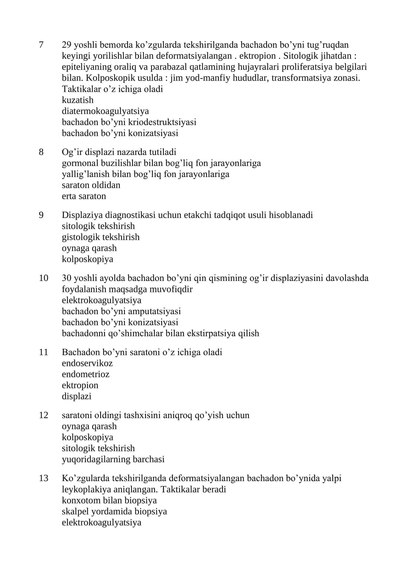 Onkoginekologiya mutaxassisligi bo’yicha shakllantirilgan test savollari ro’yxati 2026 2