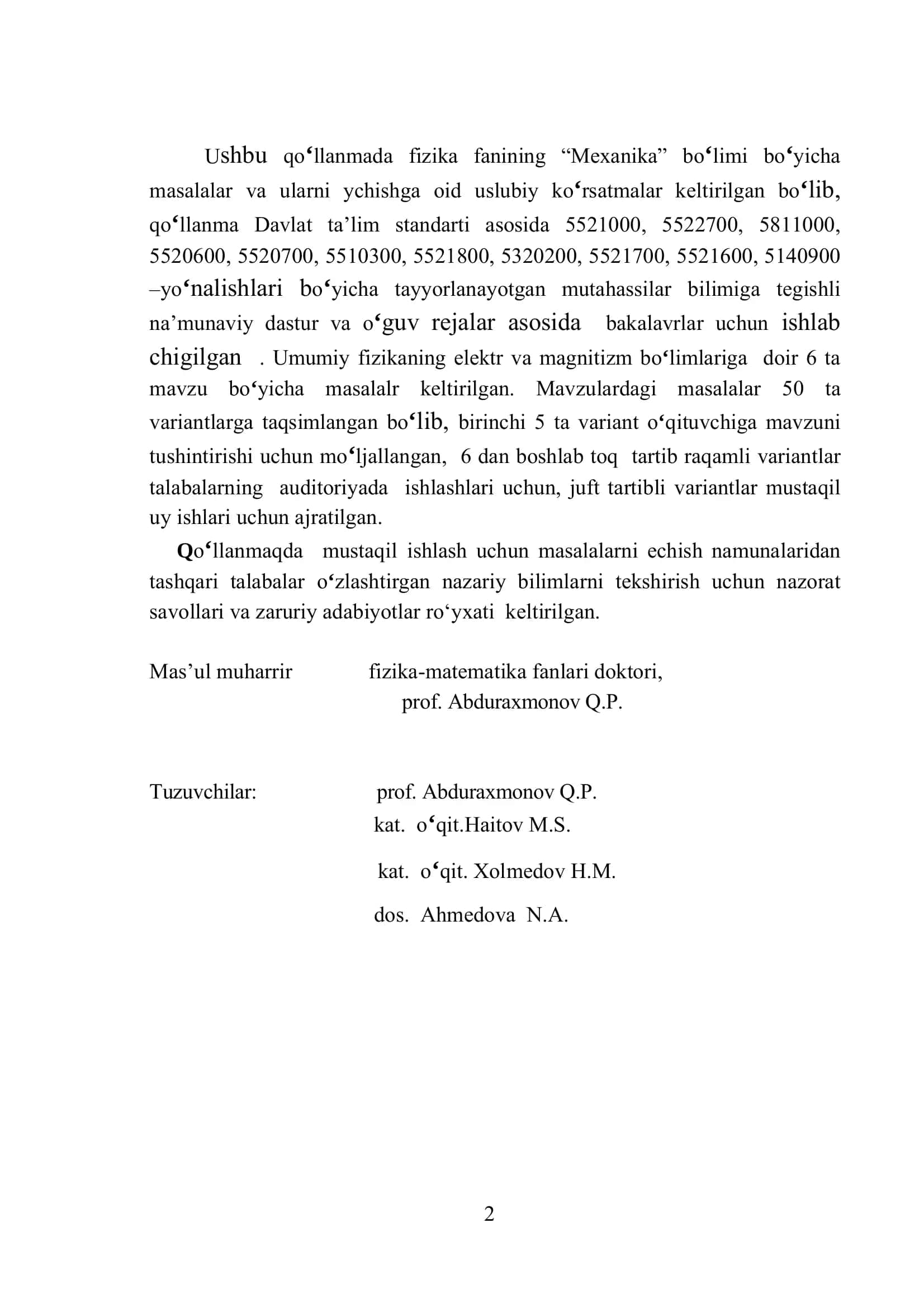 Amaliy Mashg'ulotlar Uchun Masalalar Toplami va Uslubiy Ko'rsatmalar 2