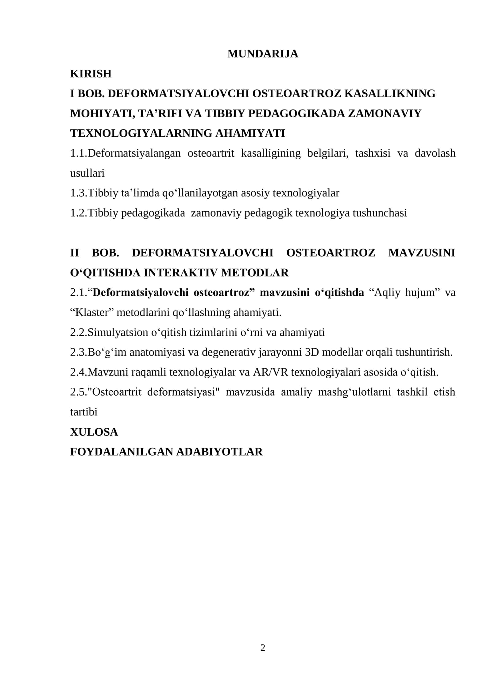 “Deformatsiyalovchi osteoartroz” mavzusini o'qitishda yangi pedagogik texnologiyalardan foydalanish 2
