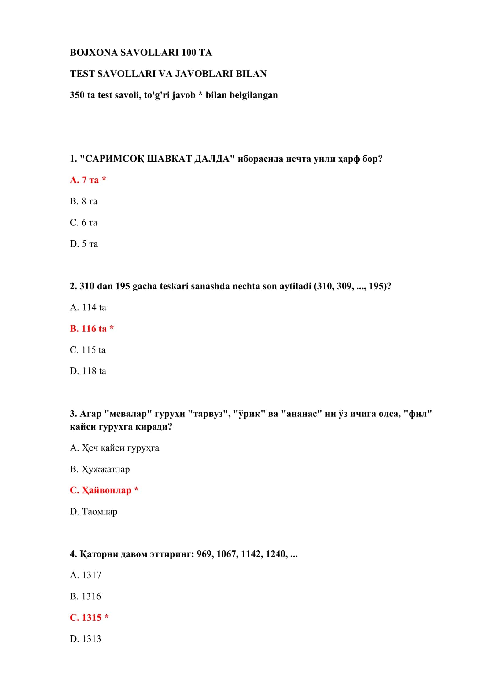 TEST SAVOLLARI VA JAVOBLARI BILAN 2