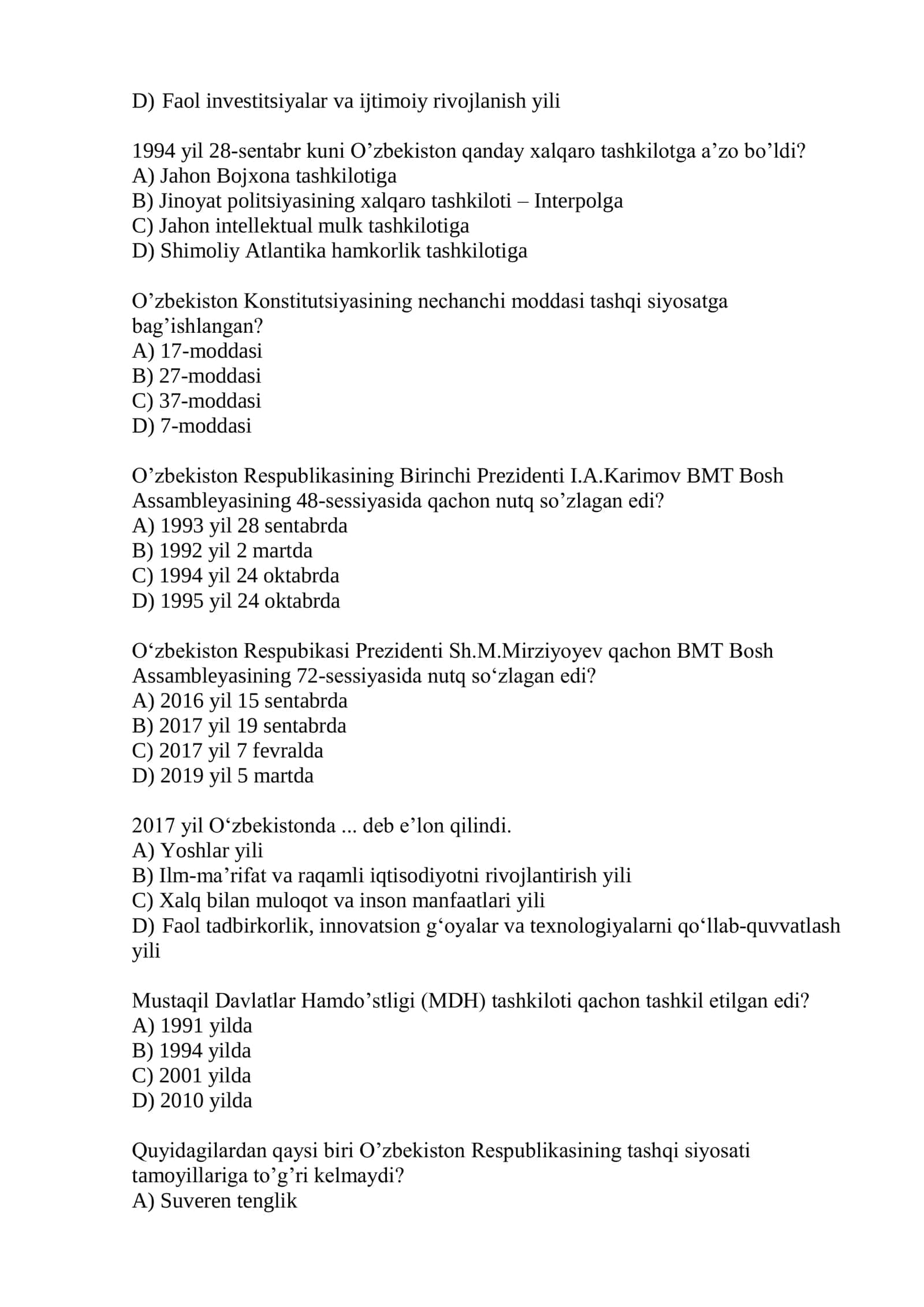 MAVZU (6-ma‟ruza) bo‟yicha TEST (O‟zbekiston Respublikasini rivojlantirish strategiyasi) 2