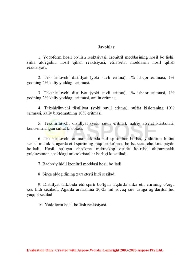 4. Avtomobil boshqaruvida etil spirti va uning ekspress tahlili. Savol-javob, 10 ta. 2
