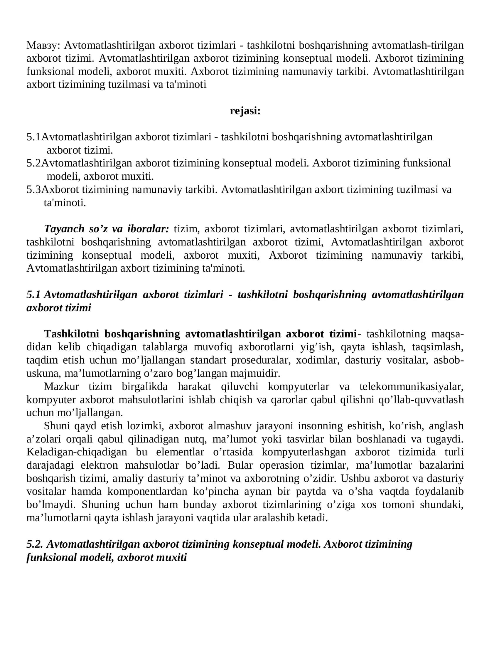 Avtomatlashtirilgan axborot tizimlari 2