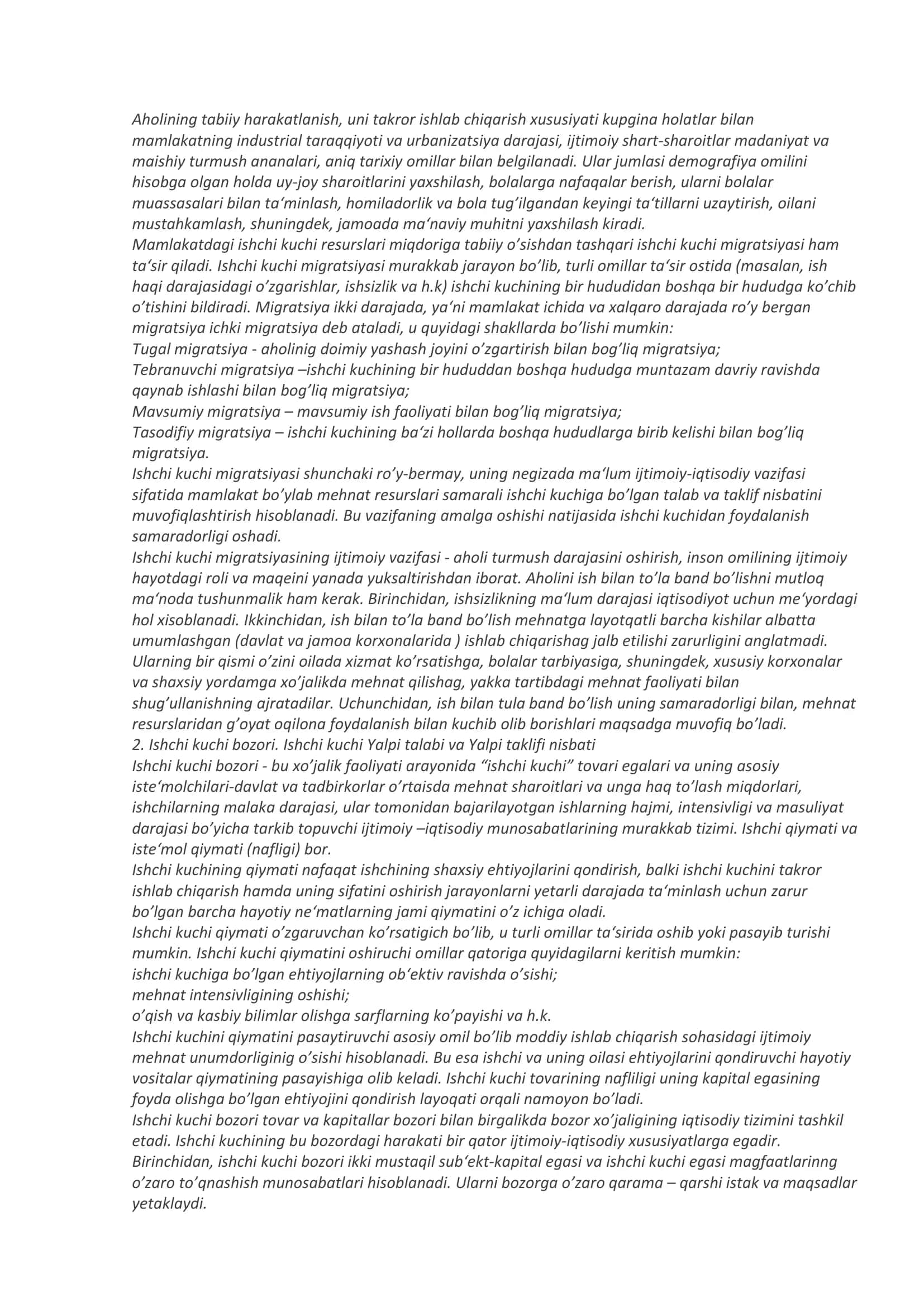Ishchi kuchini takror hosil qilish va uning xususiyatlari 2