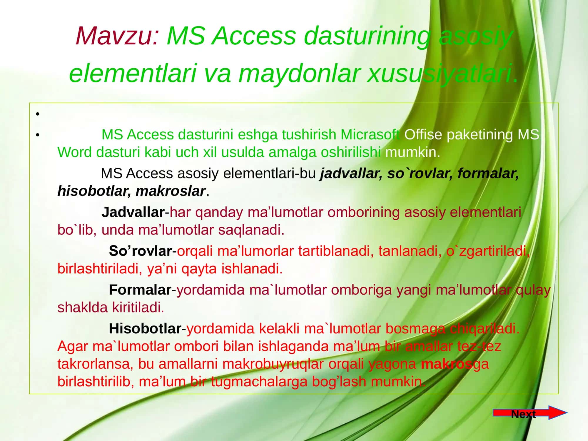 MS Access dasturining asosiy elementlari va maydonlar xususiyatlari 2