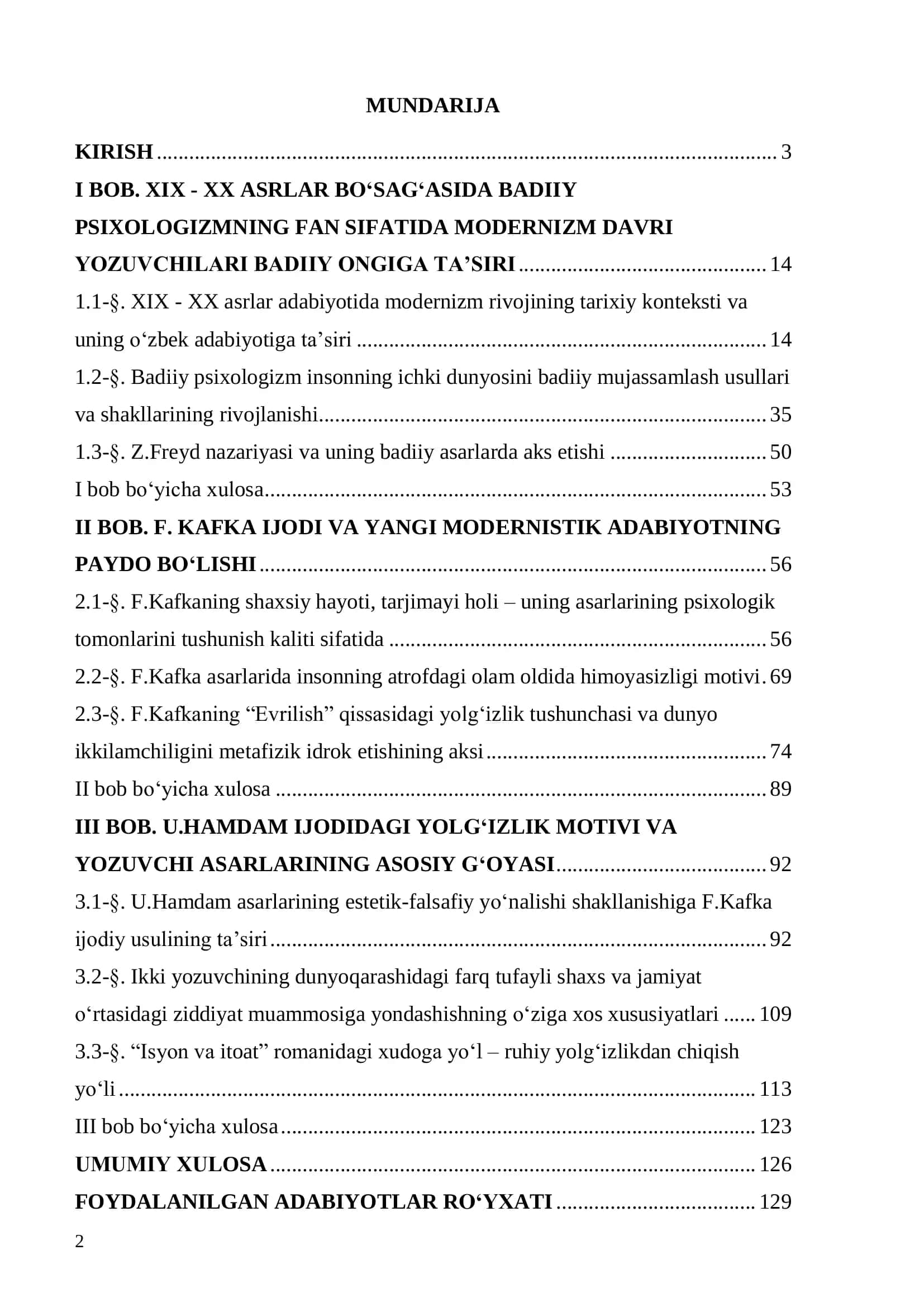 MODERNISTIK ADABIYOT BADIIY PSIXOLOGIZMIDA   YOLG‘IZLIK KONSEPTI VA UNING HOZIRGI O‘ZBEK NASRIDA AKS ETISH XUSUSIYATLARI   (U. Hamdam va F. Kafka asarlari misolida) 2
