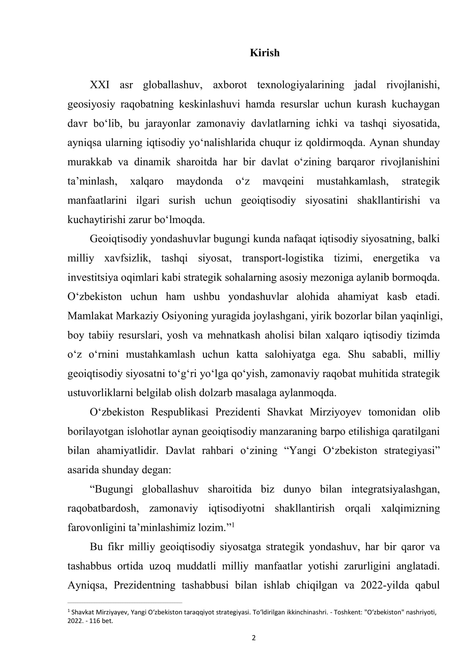 Oʻzbekistonning milliy geoiqtisodiy manzarasini shakillantirish va rivojlantirish masalalari 2