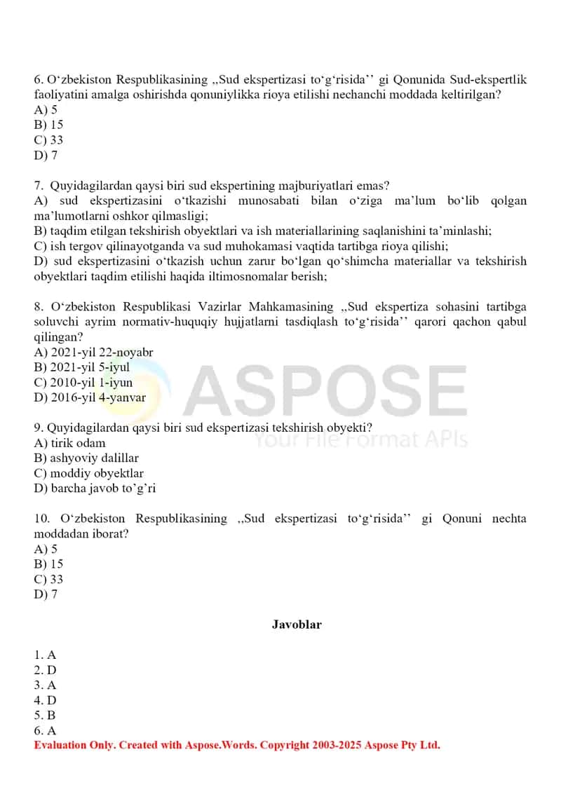 1. Sud kimyosi ekspertiza amaliyotida foydalaniladigan me'yoriy hujjatlar.Test 10 ta. 2