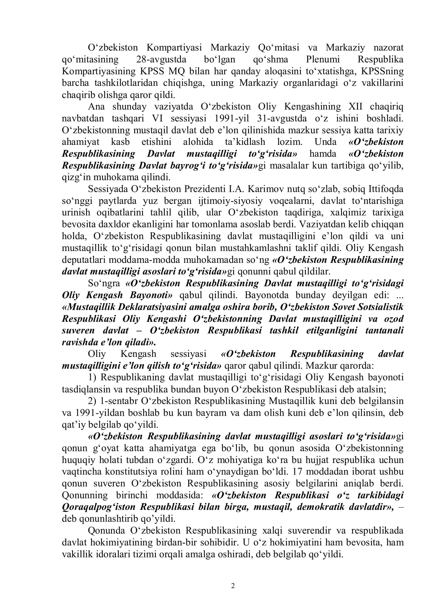Mustaqil O‘zbеkiston Rеspublikasining tashkil topishi va uning tarixiy ahamiyati 2