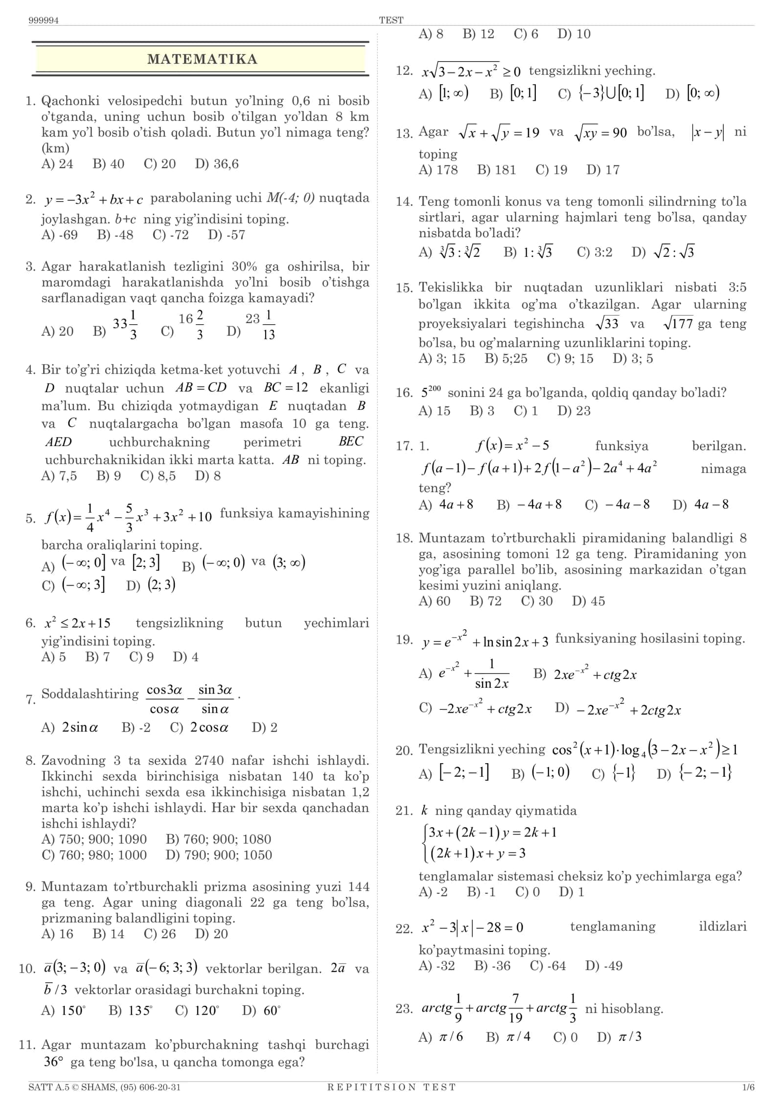 REPETITION DTM TEST SAVOLLAR KITOBI 2