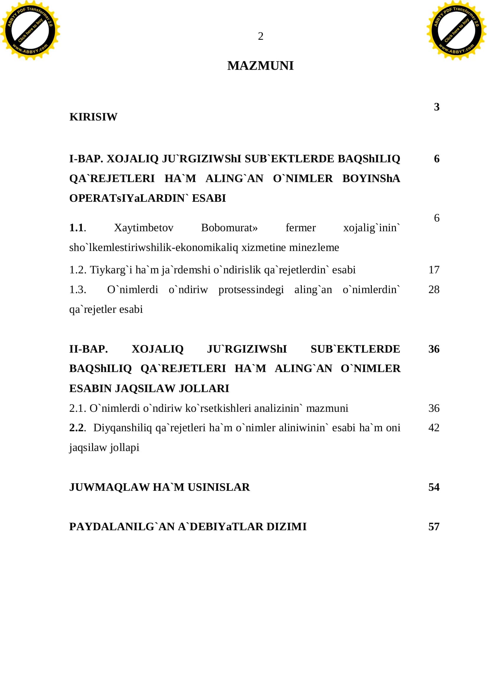 Baqshiliq qa`rejetleri ha`m aling`an o`nimler esabi 2