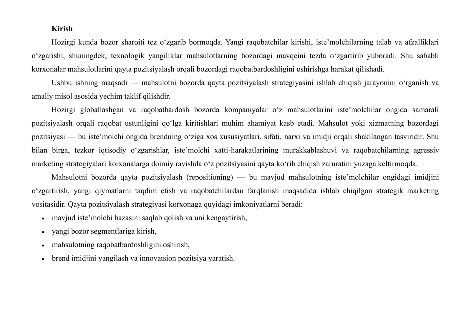 MAHSULOTNI BOZORDA QAYTA POZITSIYALASH STRATEGIYASINI ISHLAB CHIQISH 2
