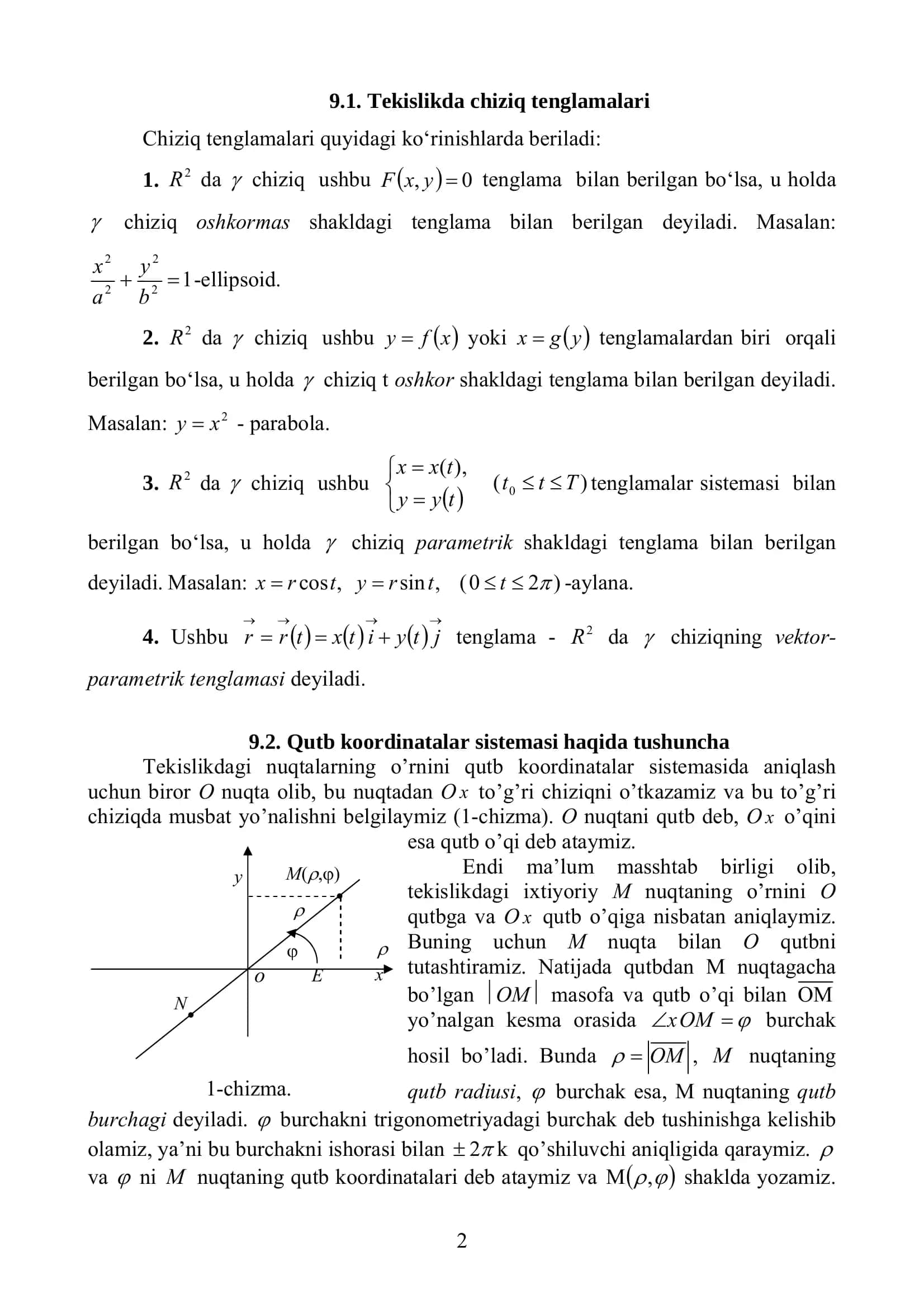 Oliy matematika: chiziq tenglamalari, qutb, silindrik va sferik koordinatalar (PDF) 2