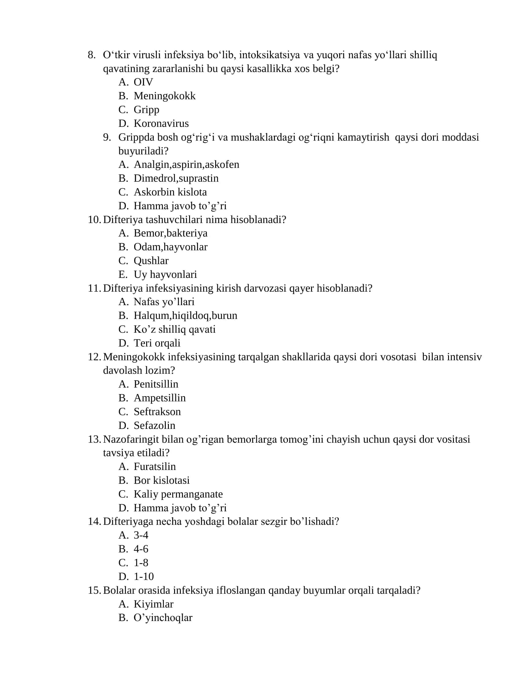 Yuqumli kasalliklar fanidan testlar 2
