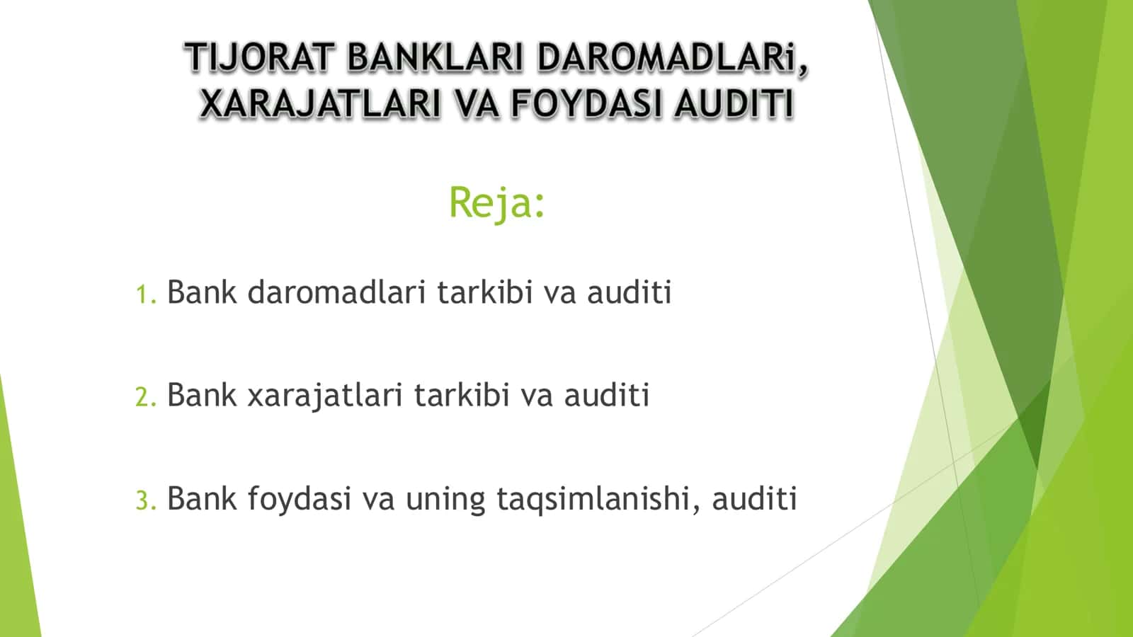 Tijorat banklari daromatlari xarajatlari va foydasi audit 2