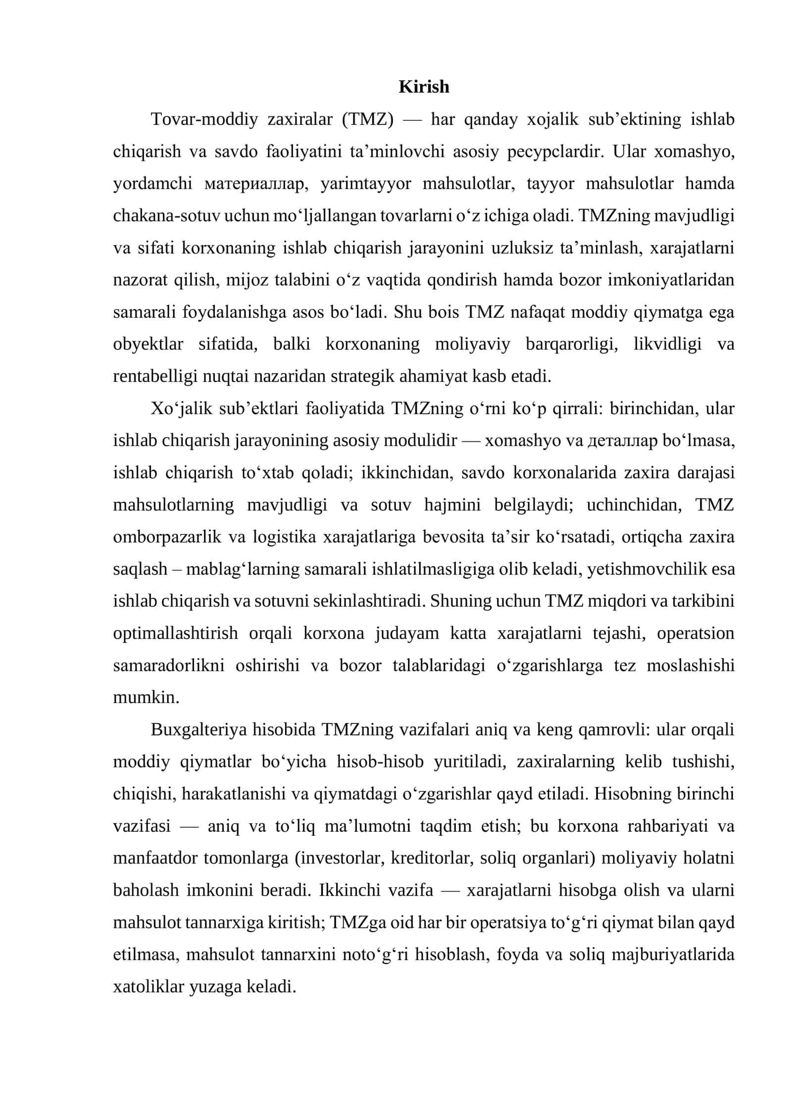TOVAR-MODDIY ZAXIRALAR (TMZ)NING XO‘JALIK SUB’YEKTLARI FAOLIYATIDA TUTGAN O‘RNI VA BU SOHADA HISOBNING VAZIFALARI 2