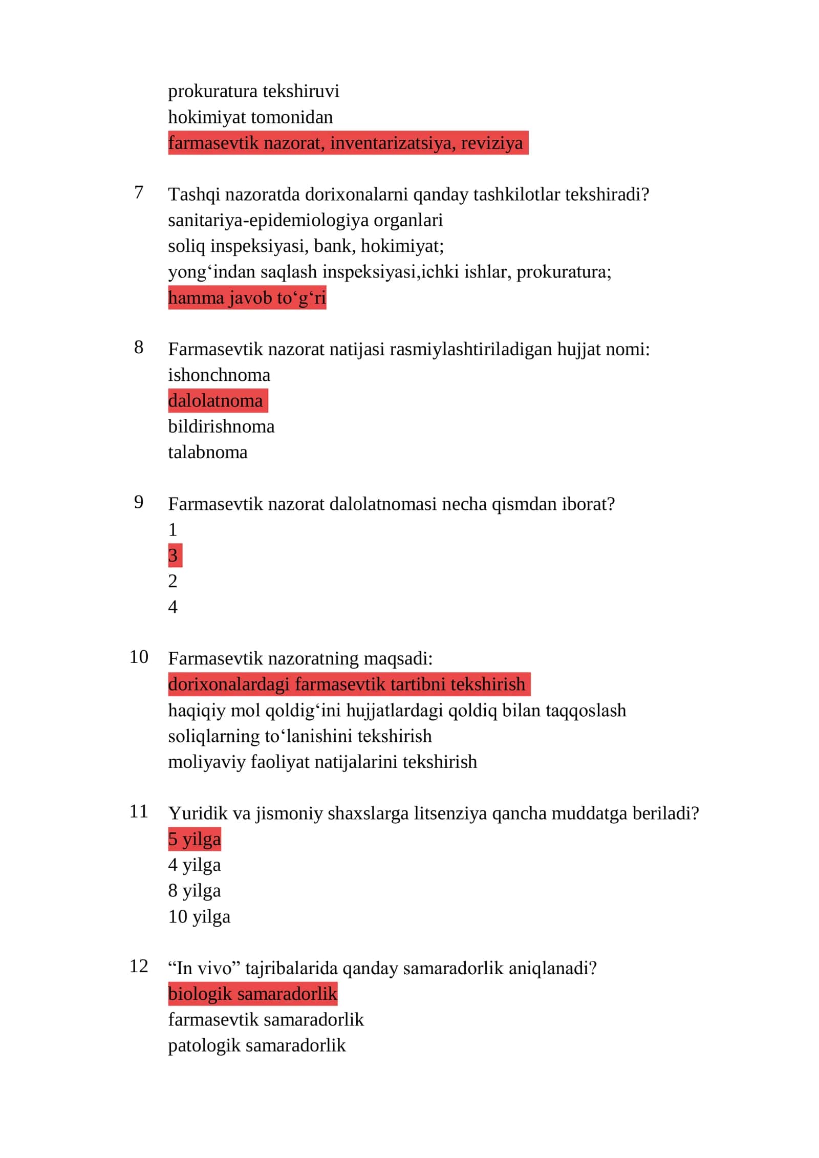 Farmatsiya mutaxassisligi boʻyicha shakllantirilgan test savollari roʻyxati javoblari bilan 2