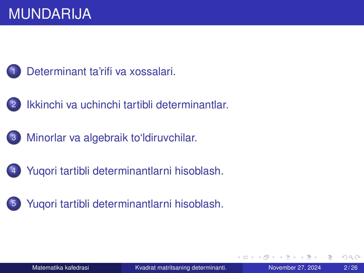 Matematika kafedrasi - Kvadrat matritsaning determinanti 2