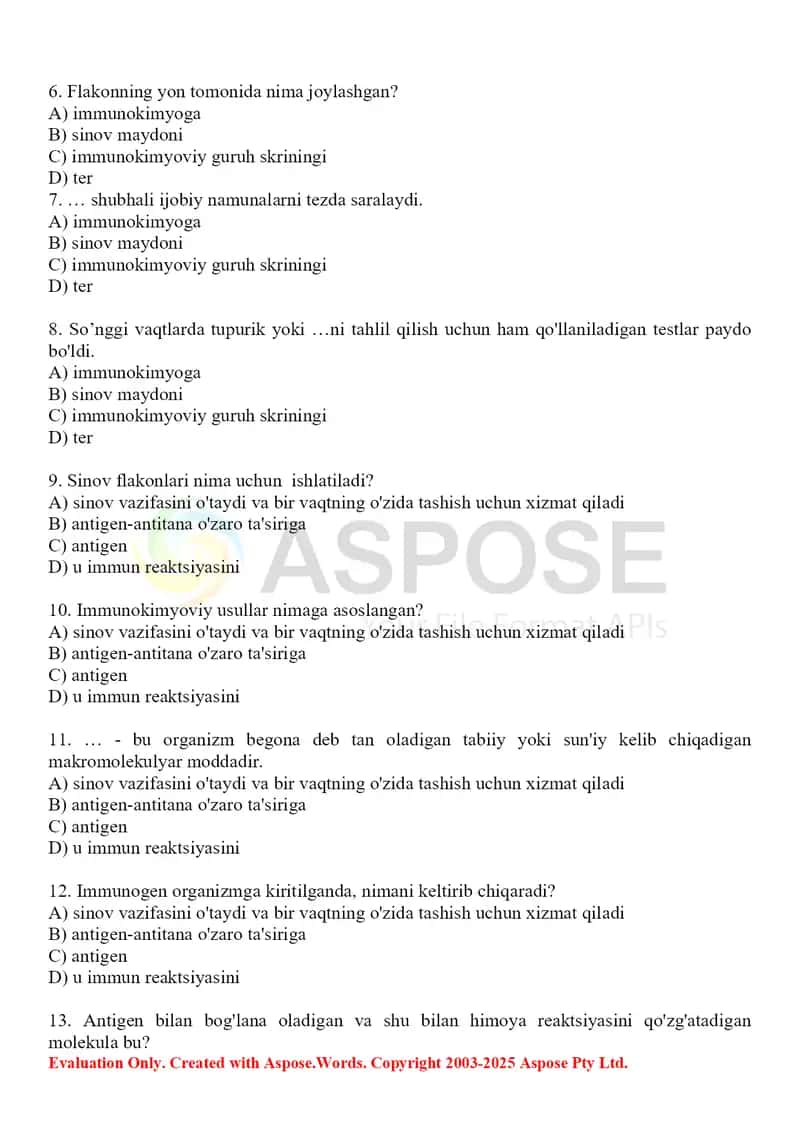14. Kimyo-toksikologik tahlillarda immunokimyoviy tahlil usullarini qo'llash. Test 15 ta. 2