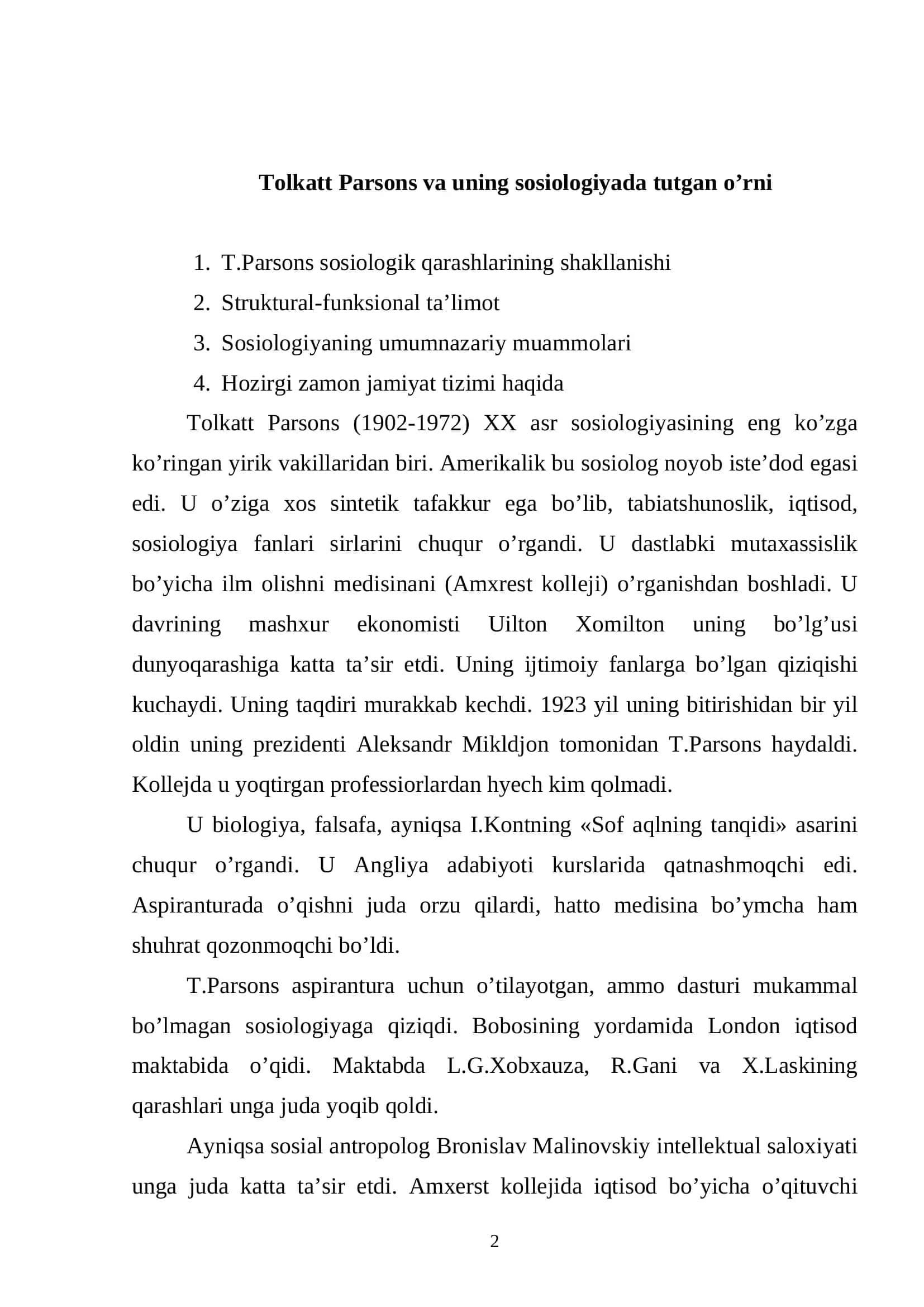 Tolkatt Parsons va uning sosiologiyada tutgan o'rni 2