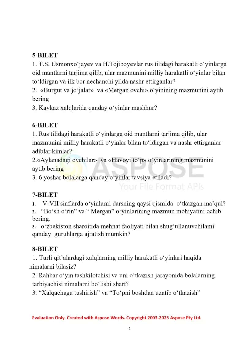 Milliy va harakatli o‘yinlarni o‘qitish metodikasi: yakuniy nazorat savollari 2