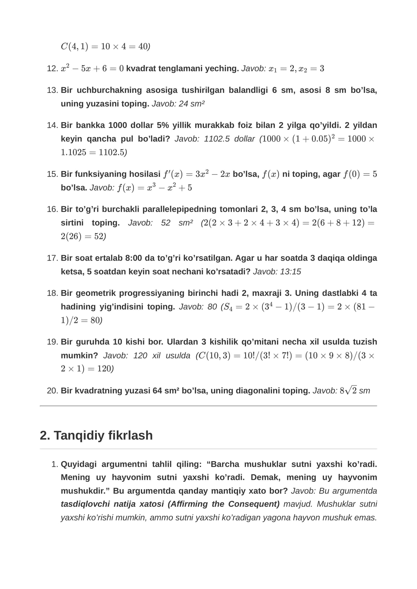 Prezident maktabi kirish imtihonlari uchun savol-javoblar to’plami (2-qism) 2