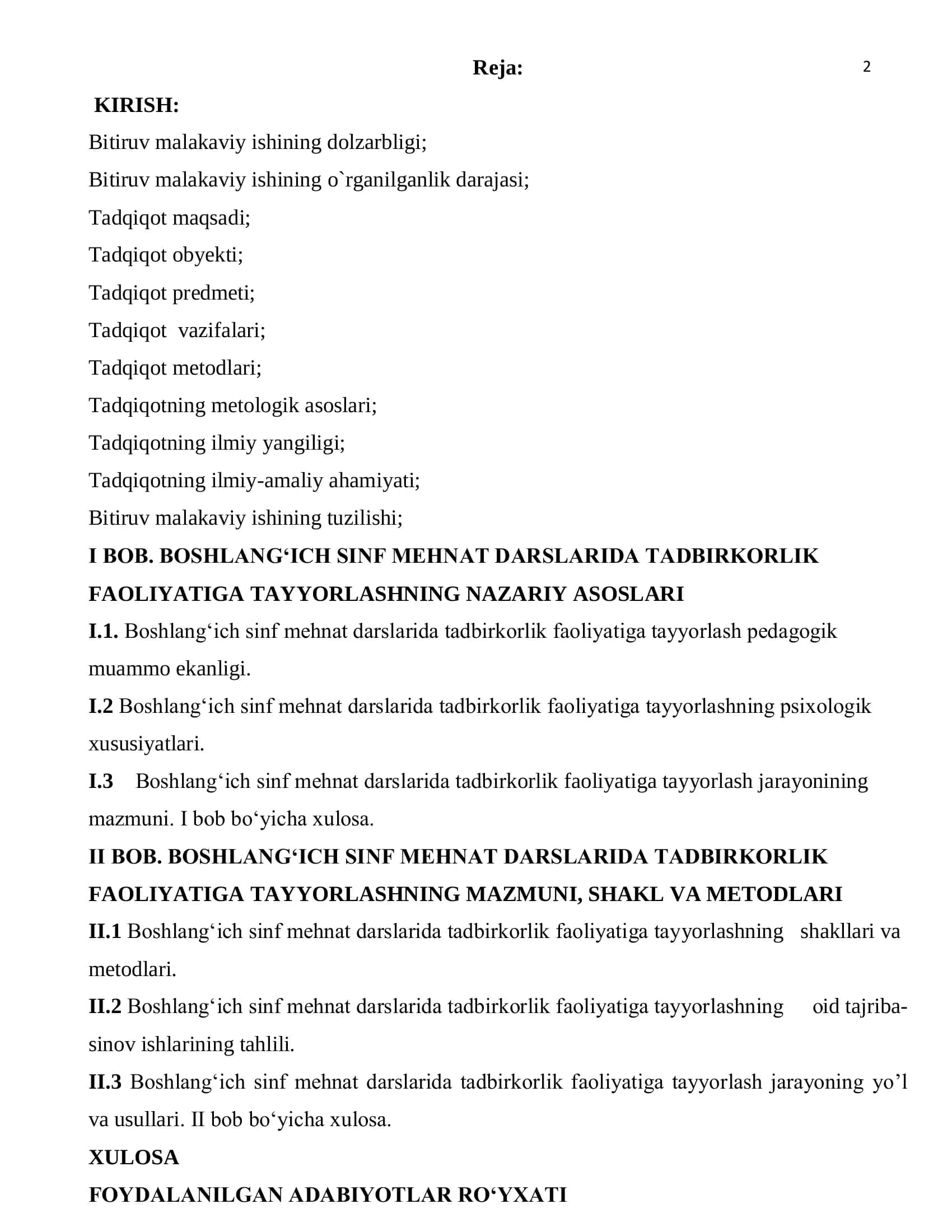 Boshlang‘ich Sinf Mehnat Darslarida Tadbirkorlik Faoliyatiga O‘rgatish Bitiruv Malakaviy Ishi 2