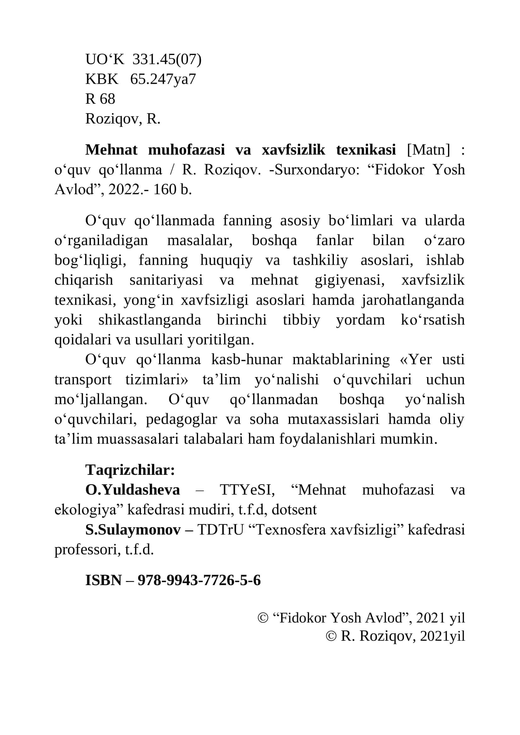 Mehnat muhofazasi va xavfsizlik texnikasi(R.S.RAZIKOV) 2