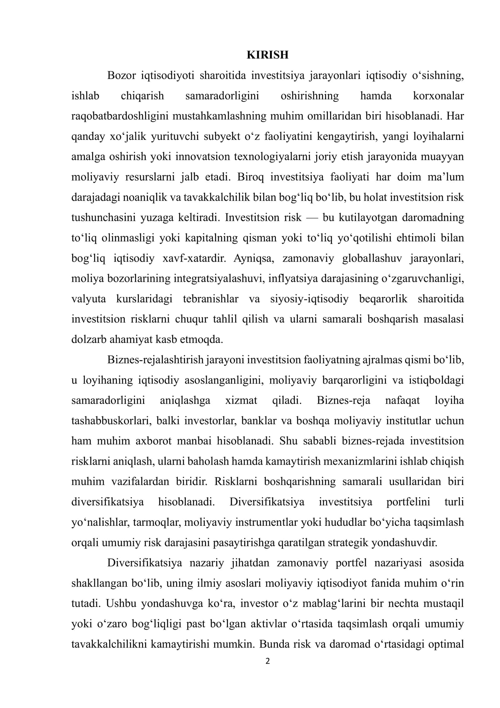 BIZNES-REJALASHTIRISHDA INVESTITSION RISKLARNI DIVERSIFIKATSIYA QILISHNING NAZARIY ASOSLARI 2