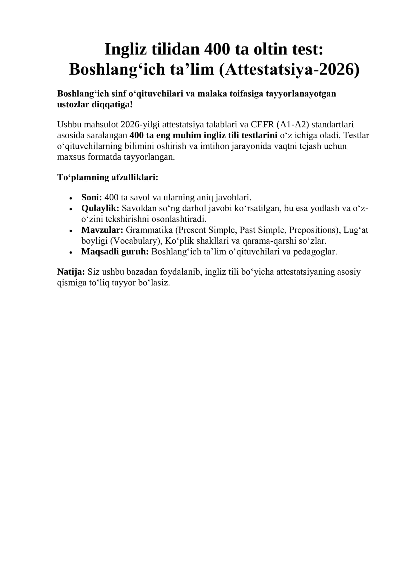 Ingliz tilidan 400 ta oltin test: Boshlang‘ich ta’lim (Attestatsiya-2026) 2