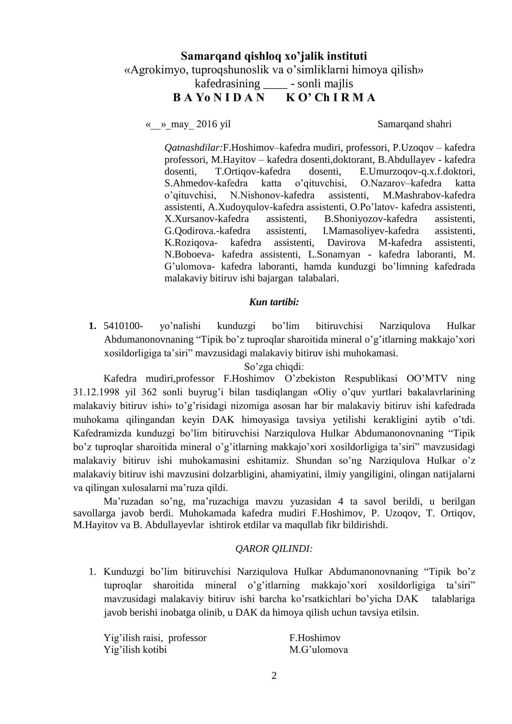 Tuproqshunoslik va o’simliklarni himoya qilish malakaviy bitiruv ishi 2