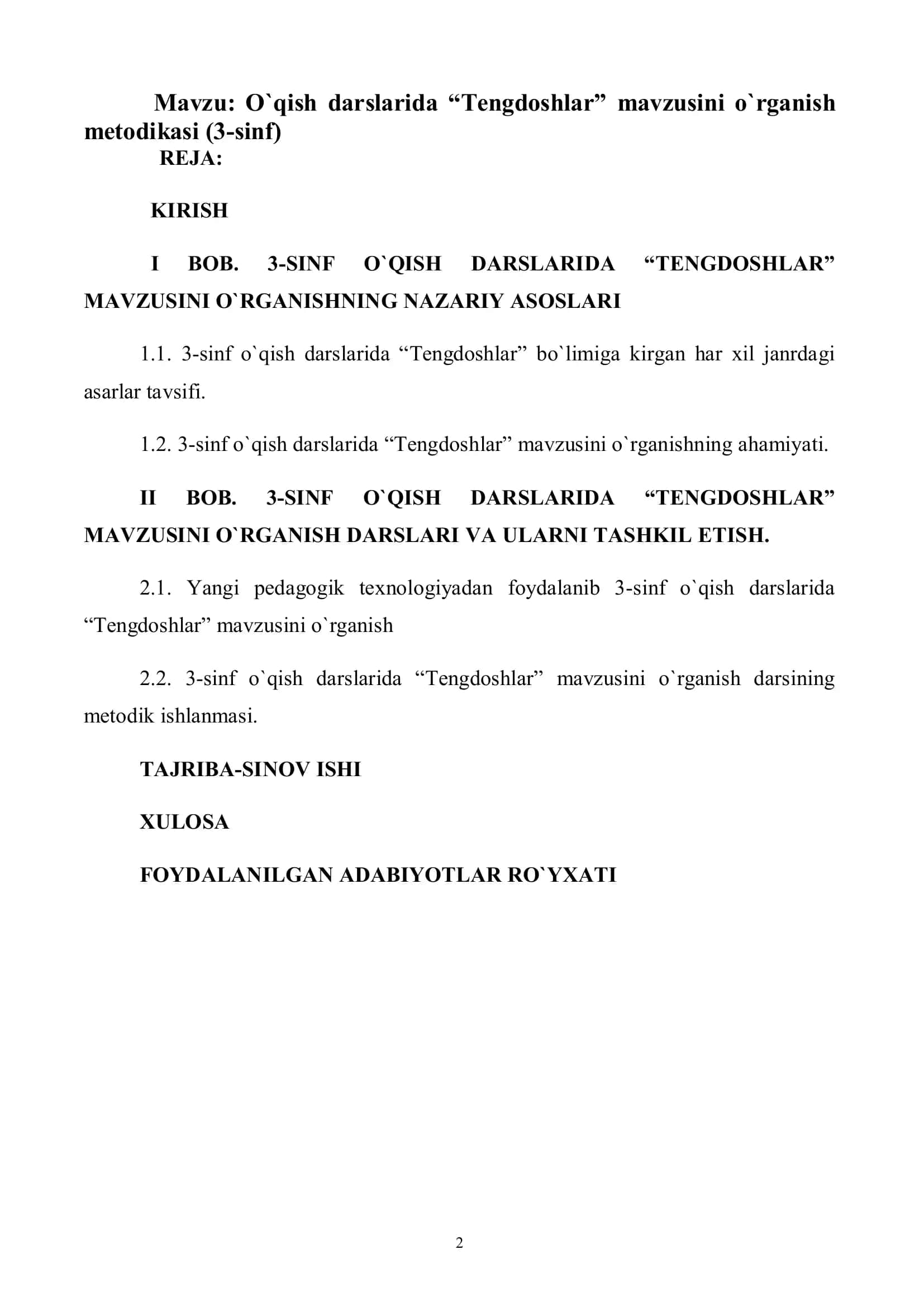 O`QISH DARSLARIDA “TENGDOSHLAR” MAVZUSINI O`RGANISH METODIKASI (3-SINF) 2