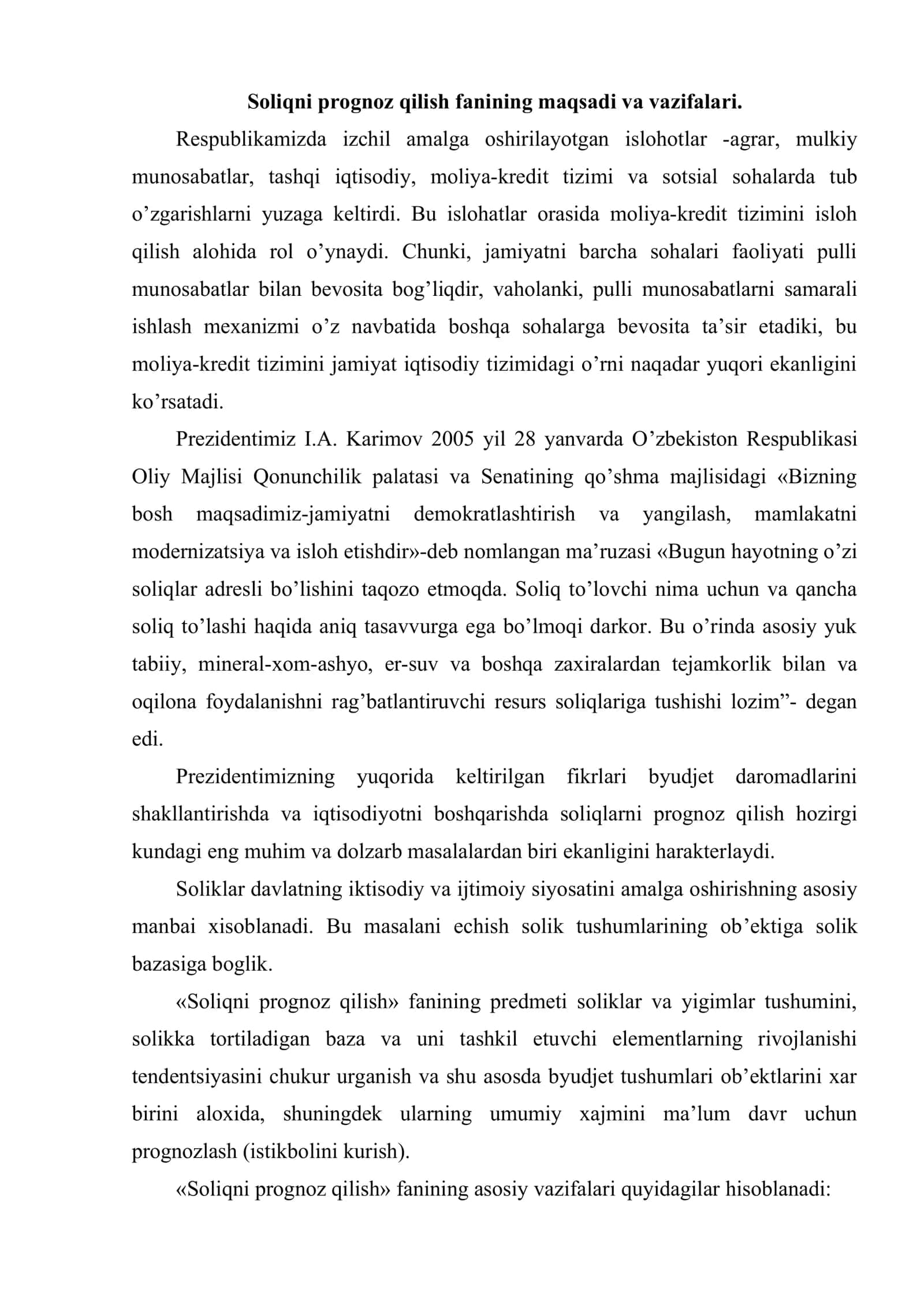 Soliqni prognoz qilish fanining predmeti va vazifalari. Soliq tushumlarini prognozlash 2