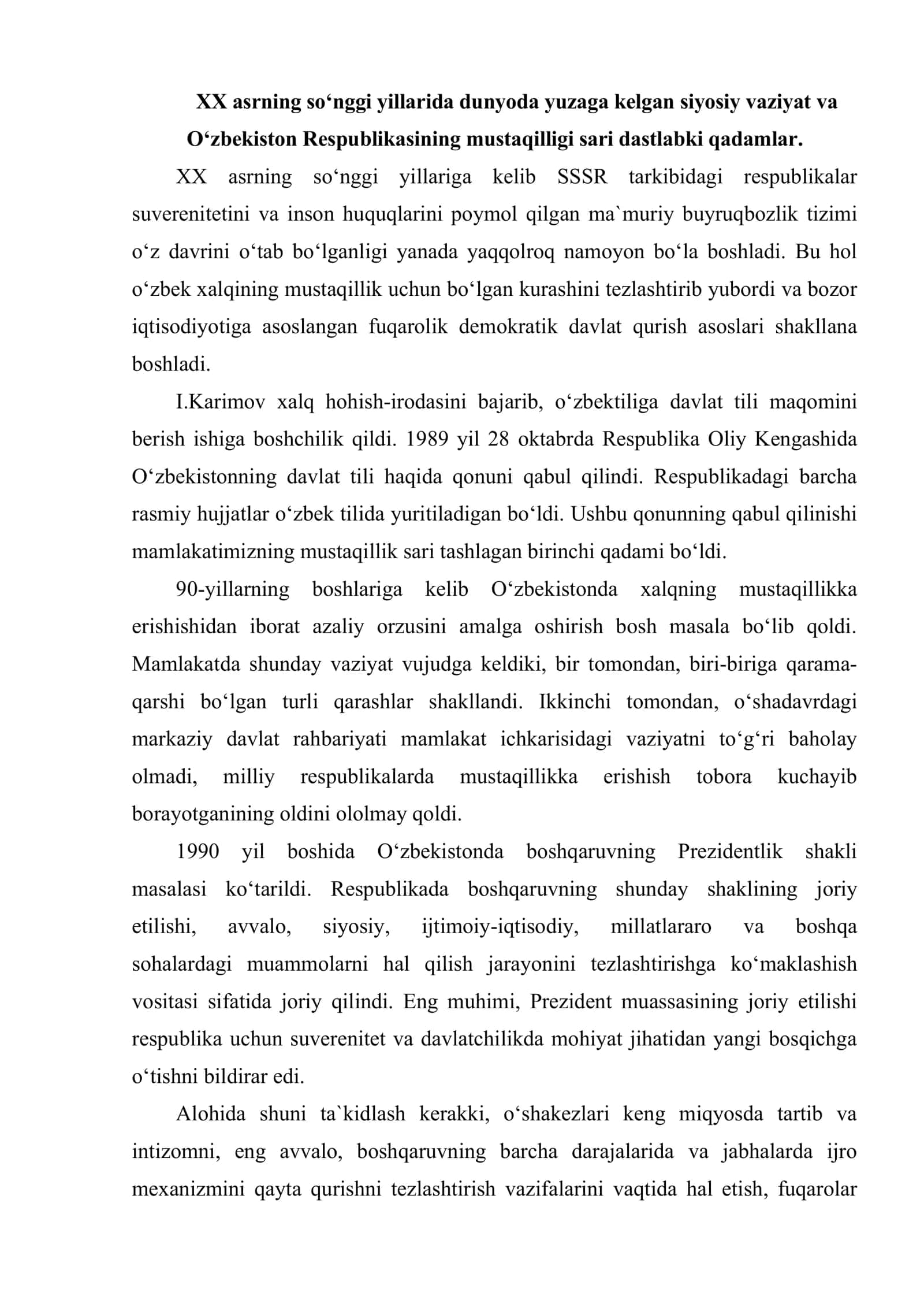 O‘zbekistonning davlat mustaqilligining e`lon qilinishi va uning tarixiy ahamiyati 2