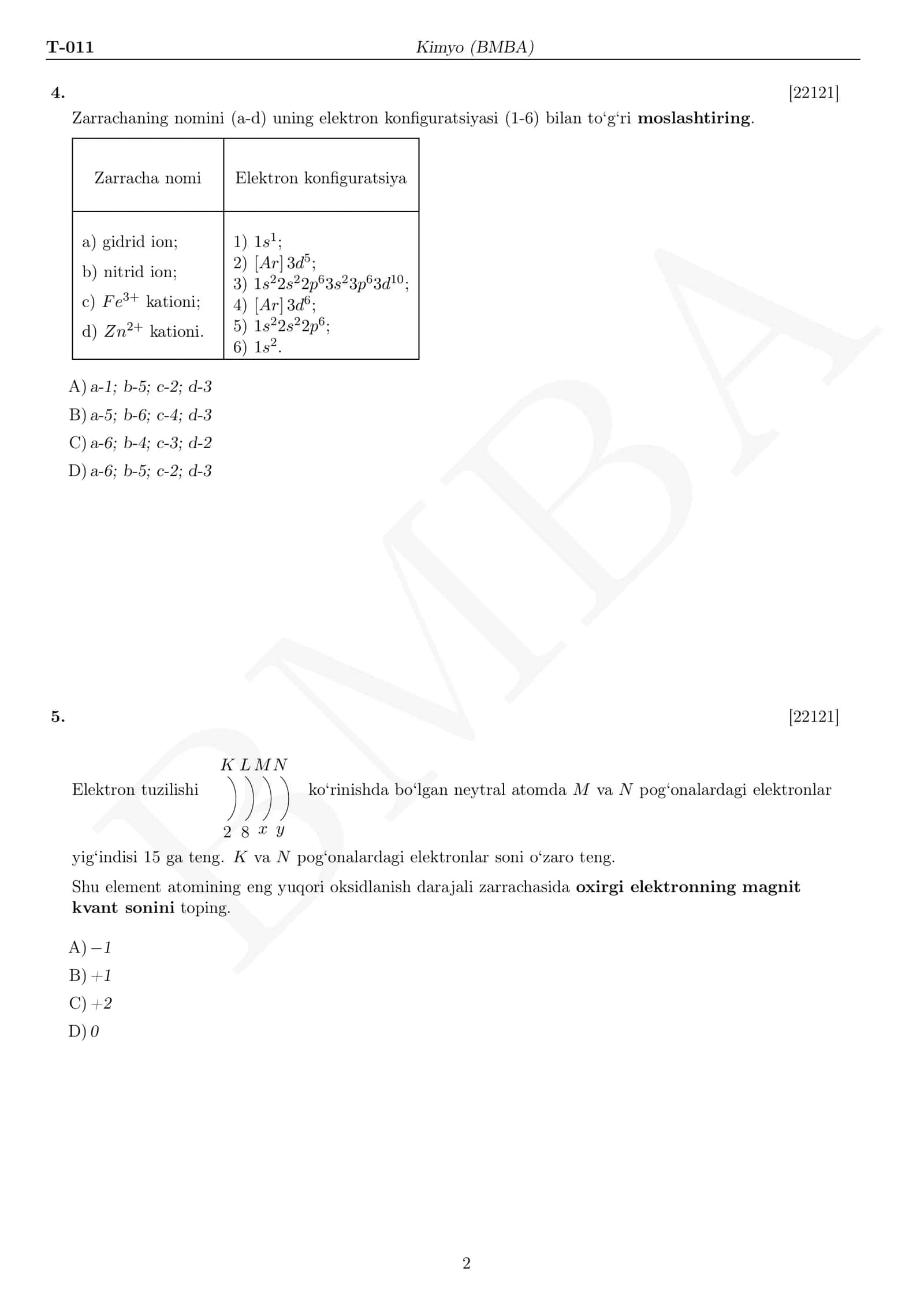 🧪 Kimyo fanidan milliy sertifikat namunaviy test 2