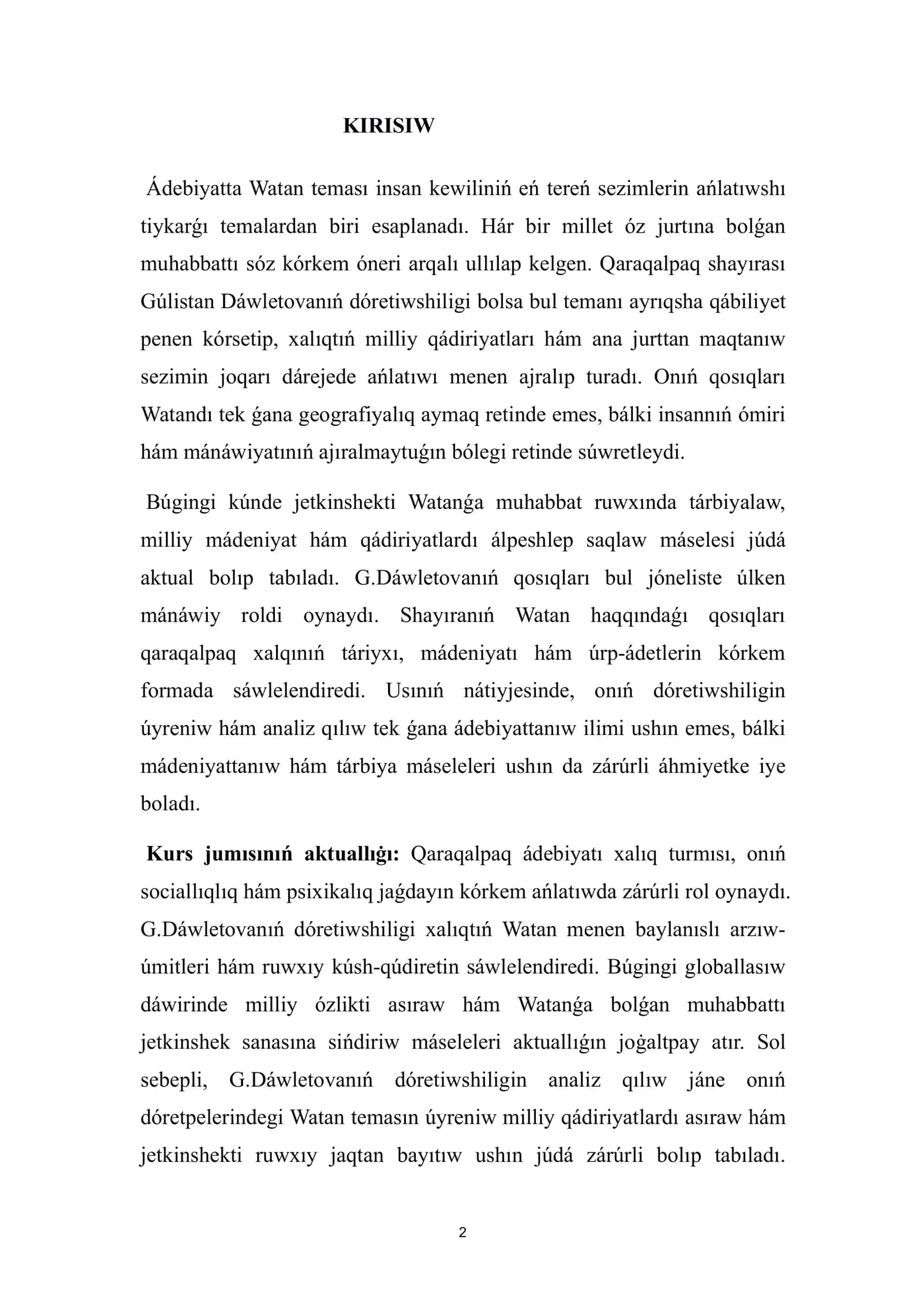 G. Dáwletova poeziyasında Watan temasınıń jırlanıwı - KUrs jumısı 2
