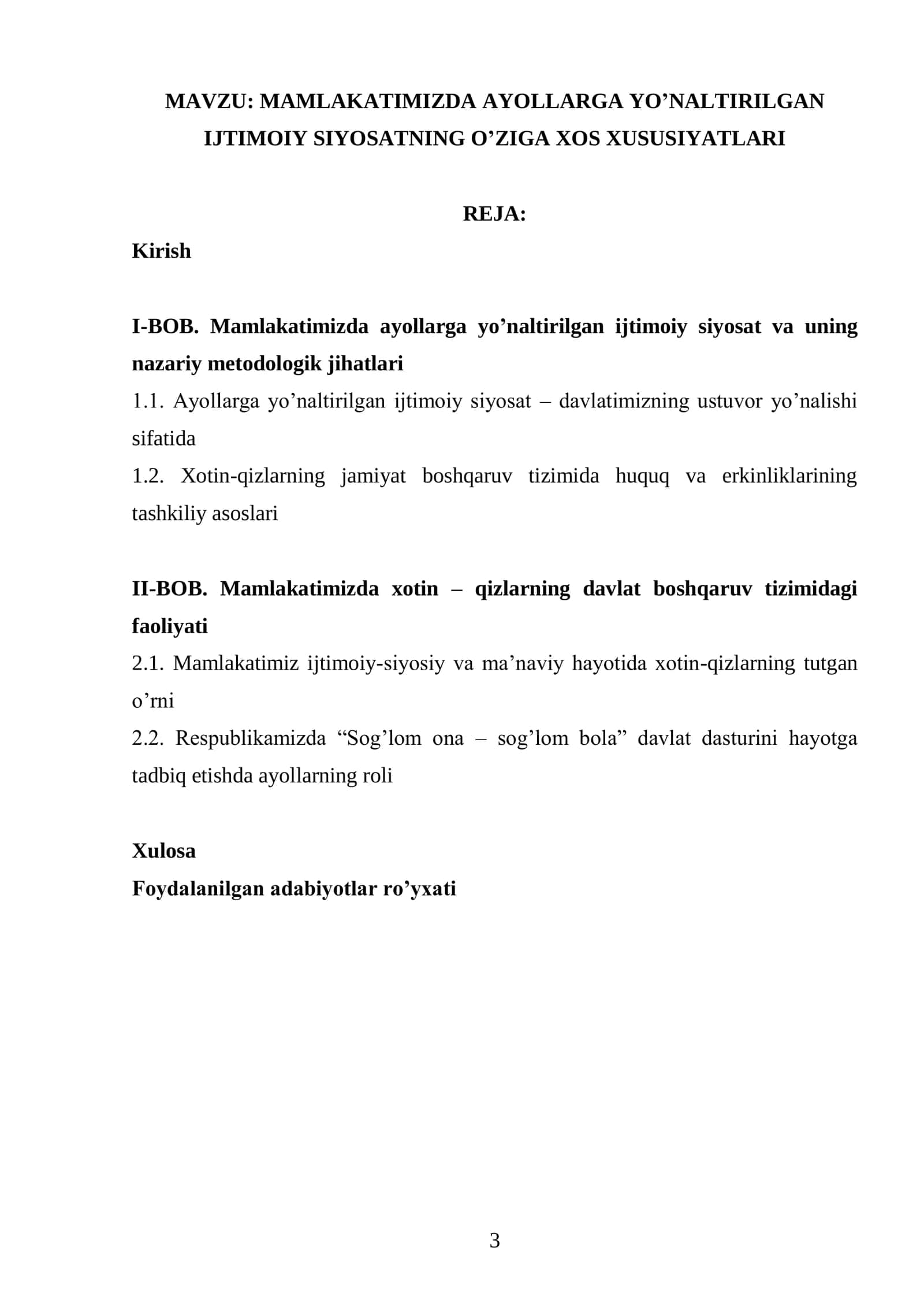 MAMLAKATIMIZDA AYOLLARGA YO’NALTIRILGAN IJTIMOIY SIYOSATNING O’ZIGA XOS XUSUSIYATLARI 2