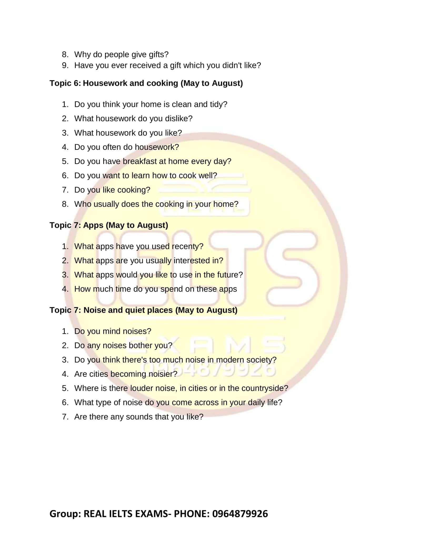 REAL IELTS EXAMS Speaking Part 1 Quý 2.2025 (May to August) 2
