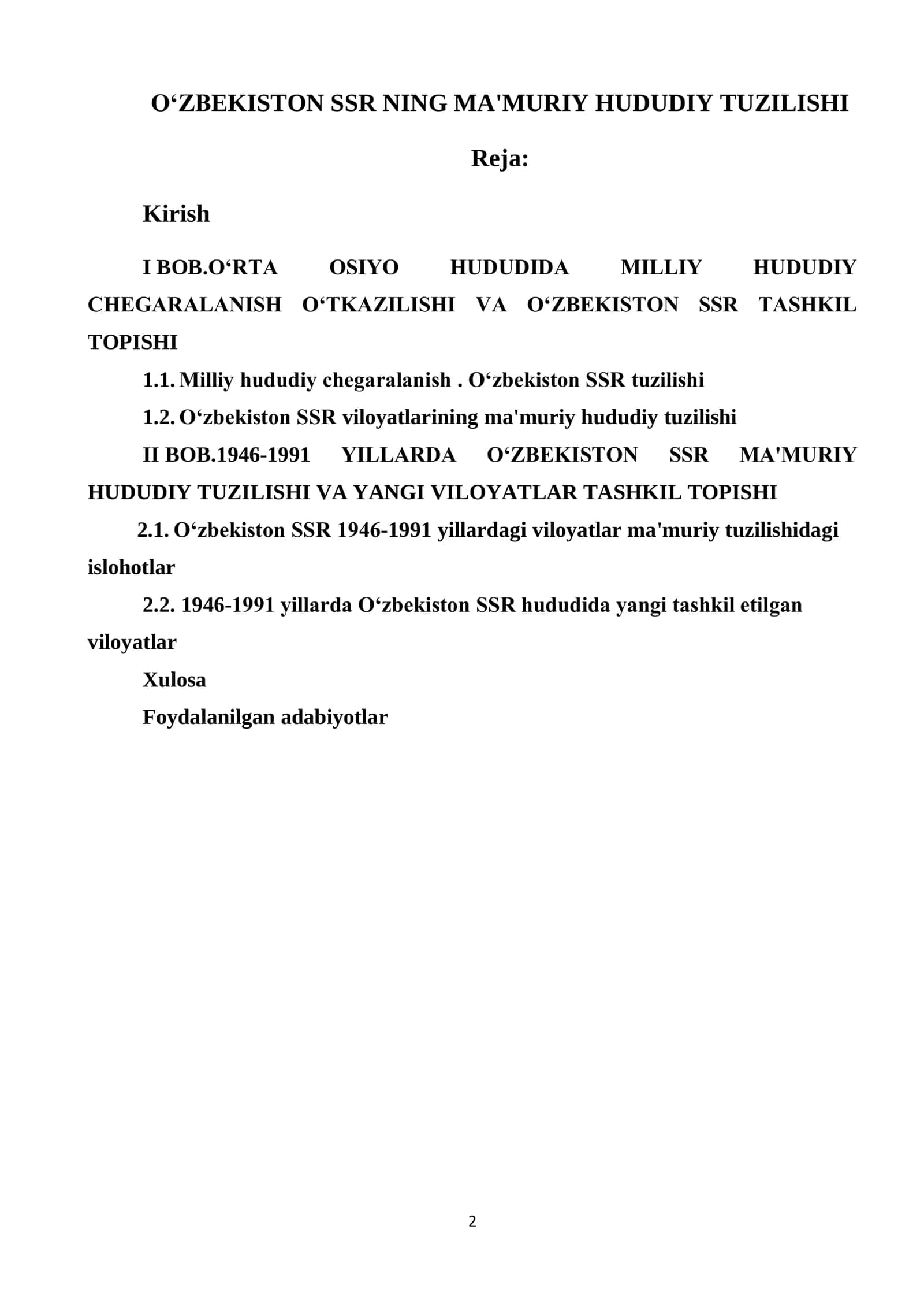 O‘ZBEKISTON SSR NING MA'MURIY HUDUDIY TUZILISHI 2