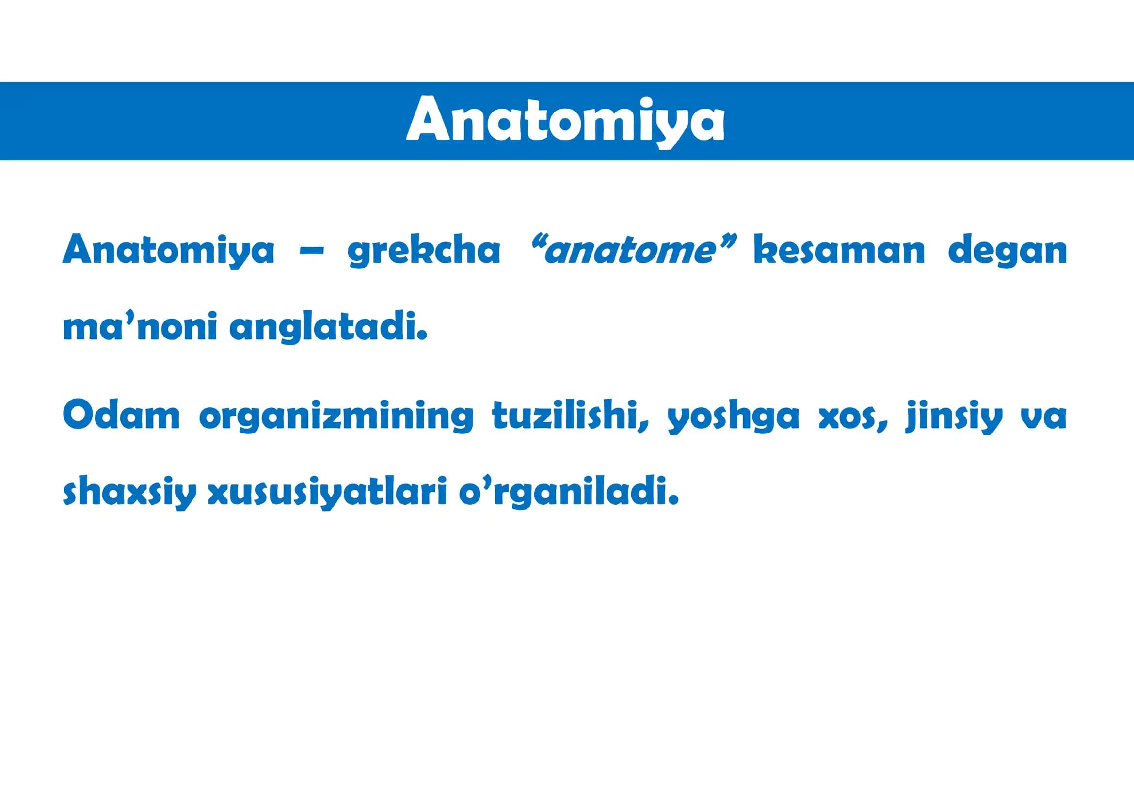 Anatomiya moduliga kirish. Anatomiyani o‘rganish usullari. Sathlar haqida tushuncha.  Suyaklar tuzilishini umumiy tamoyillari. Umumiy osteologiya. Skelet haqida umumiy tushuncha. Umurtqa pog‘onasi. Umurtqalar. 2