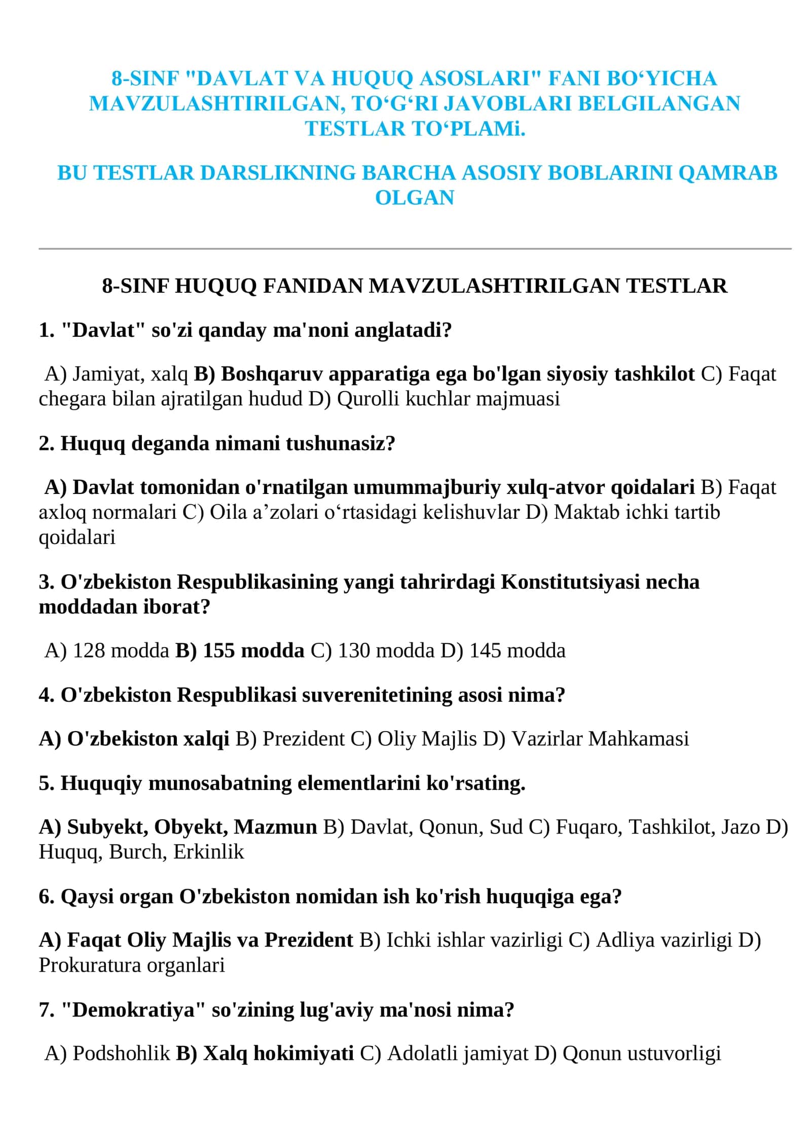8-SINF  HUQUQ FANIDAN  MAVZULASHTIRILGAN TESTLAR TO‘PLAMI  JAVOBLARI BILAN 2026 YIL 2