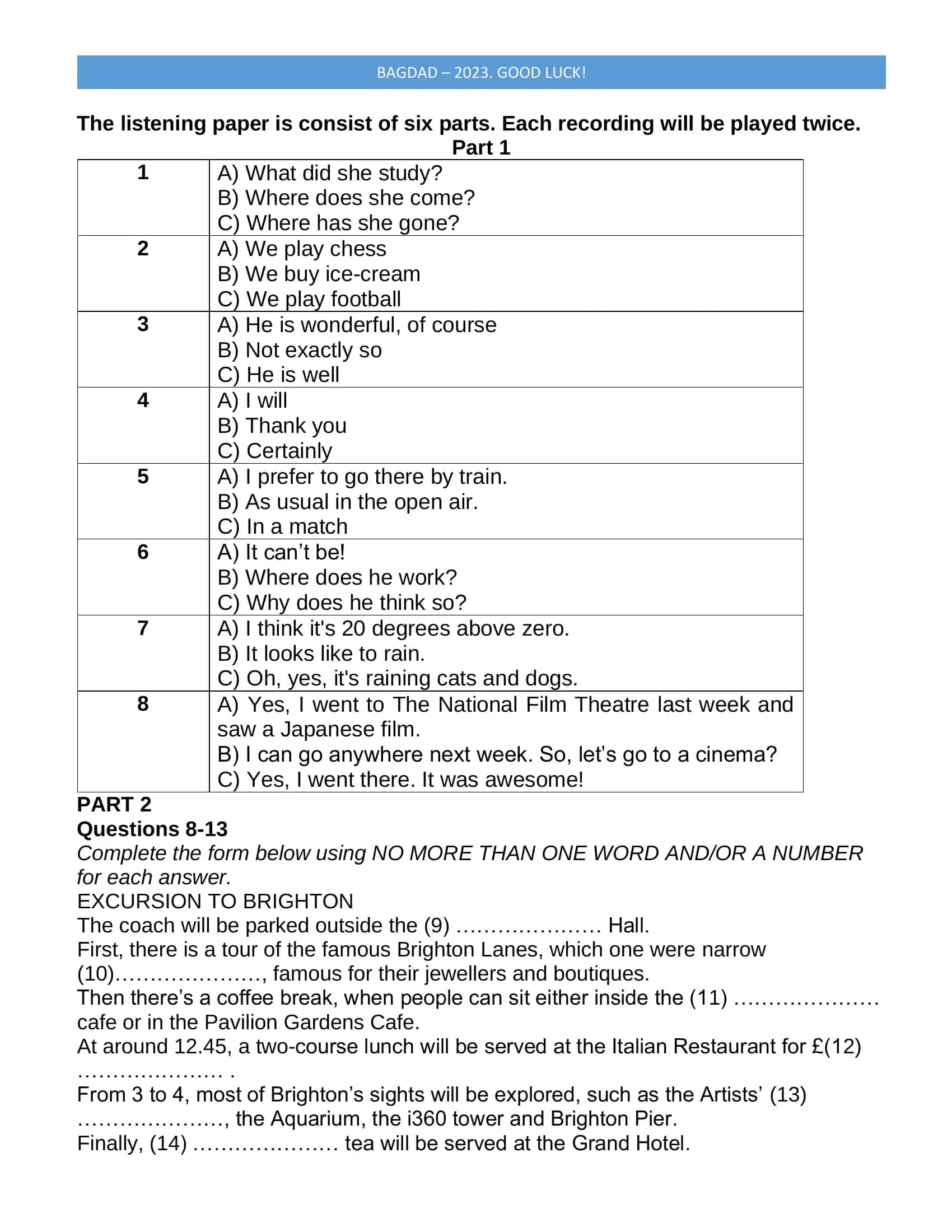 Multilevel real exam test (ingliztili) - Reading and Listening mock 2