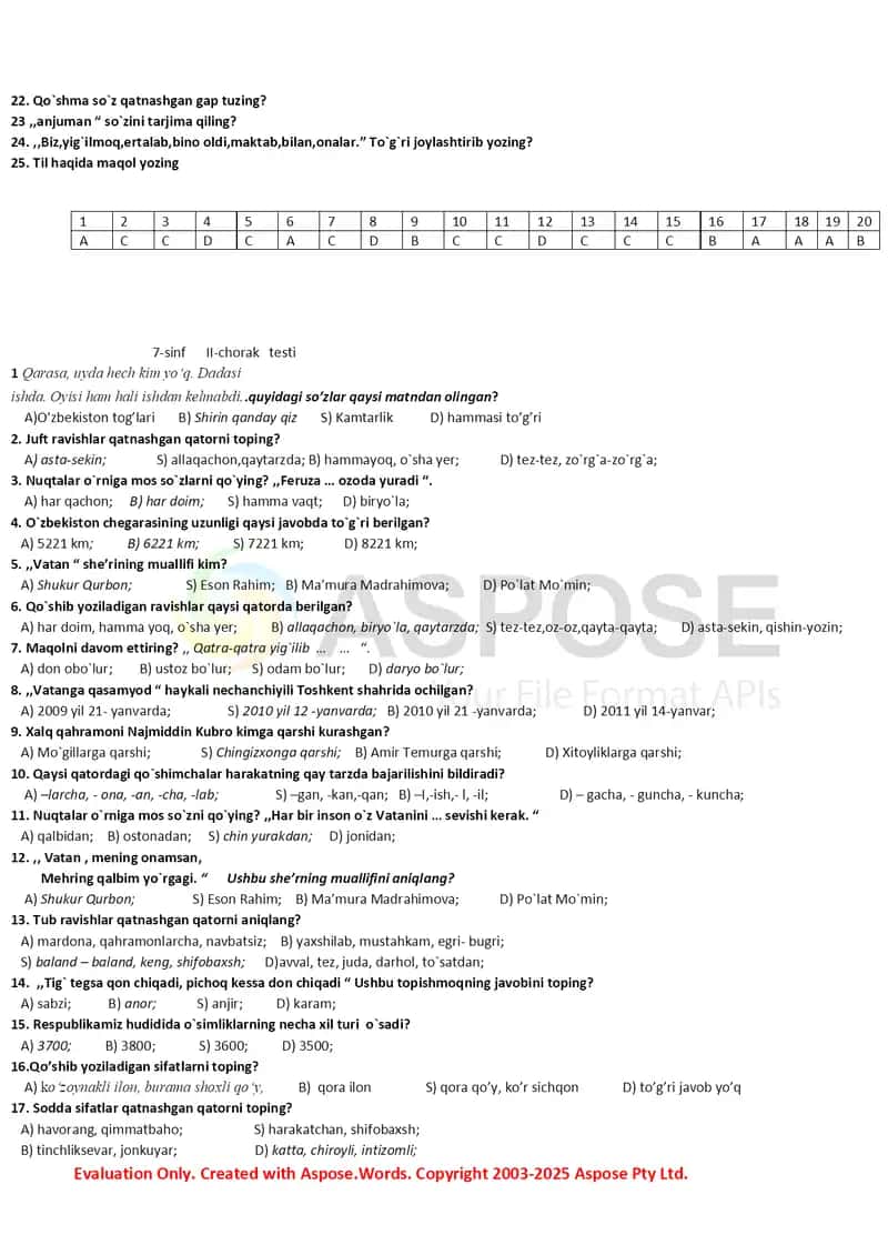 7-sinf 1-2-3-4-chorak test 2
