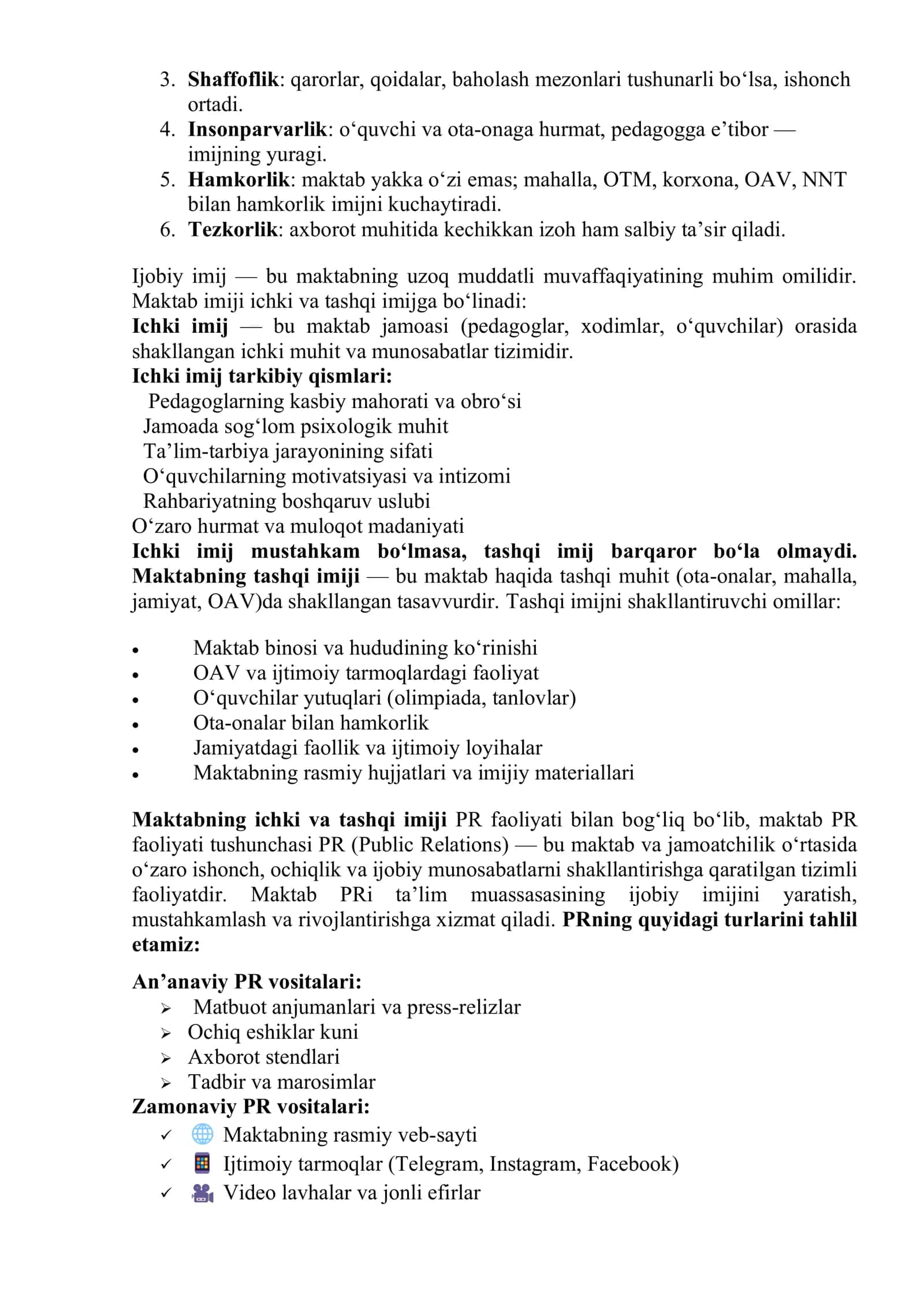 Menejerlik o'uv kursi tinglovchilari uchun  MAKTAB IMIJINI SHAKLLANTIRISH (I. Ta’lim menejmenti moduli, 1.6-mavzu) 2