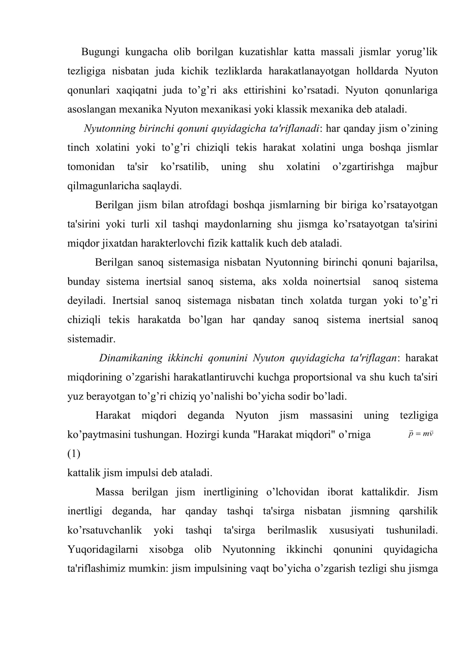 Nyutonning birinchi qonuni. Inеrtsiyal sanoq sistеmasi Nyutonning ikkinchi va uchinchi qonunlari 2