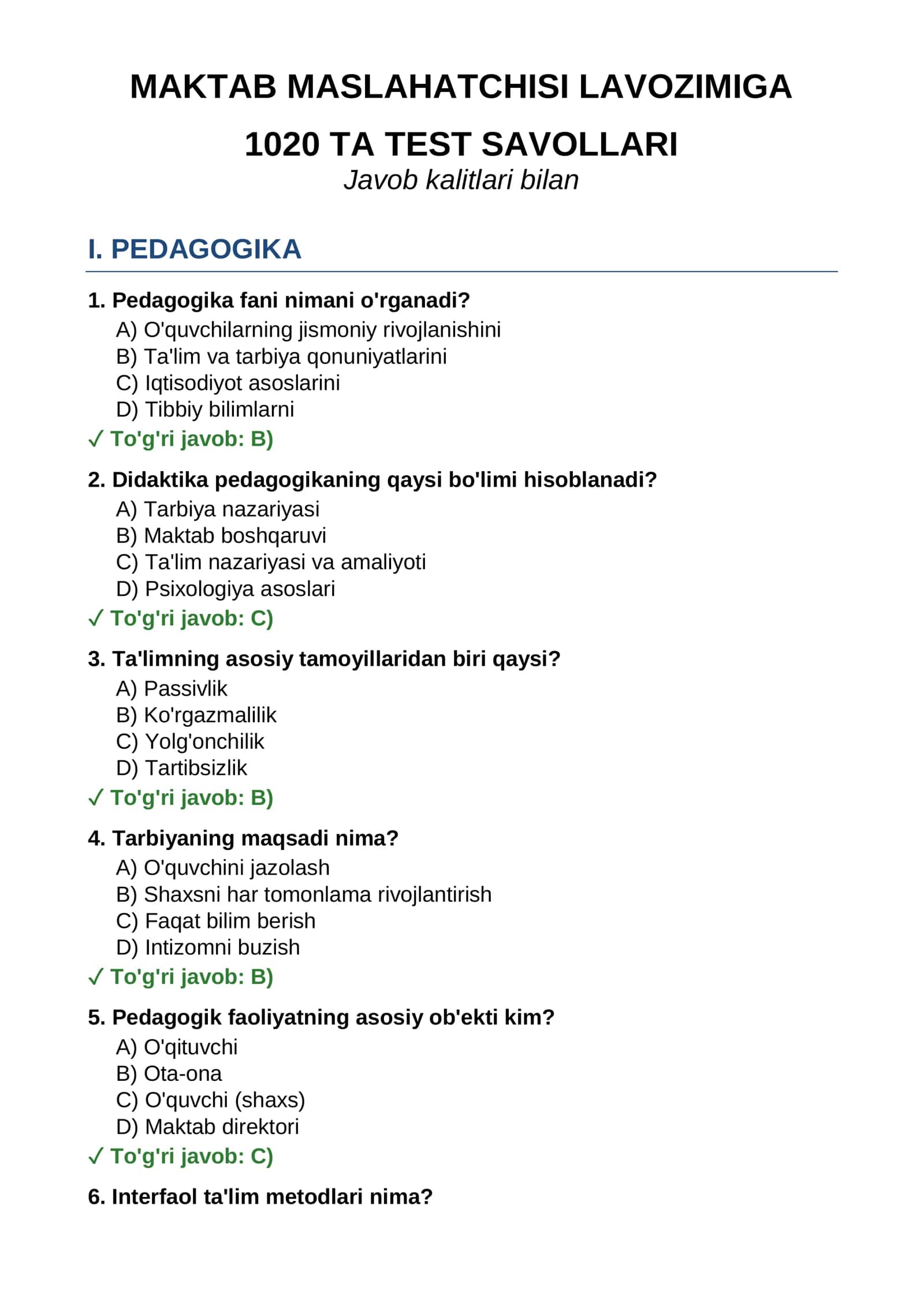 Maktab maslahatchisi 1000+ test savollari / Мактаб маслаҳатчиси 1000+ тест саволлари 2
