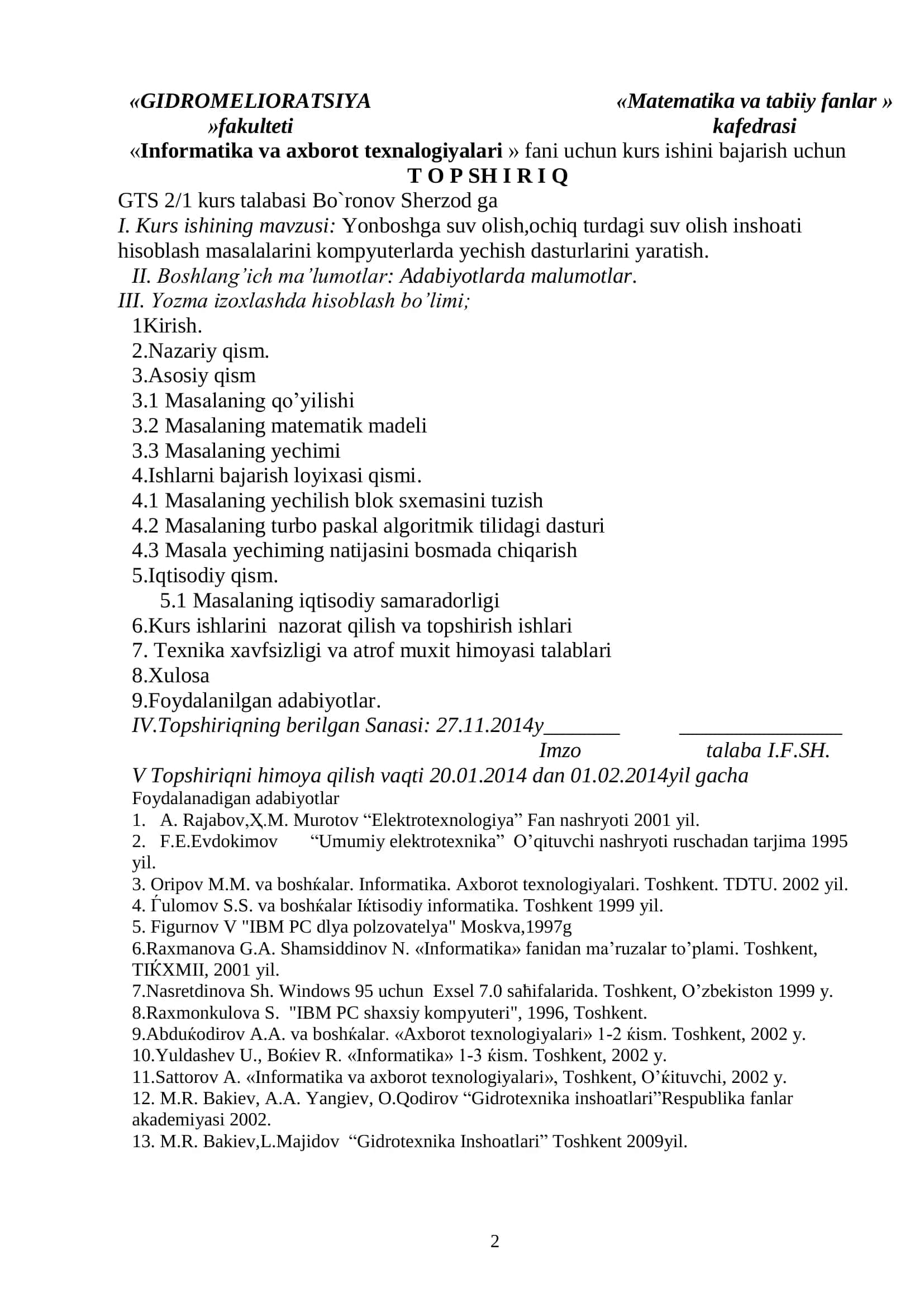 Yonboshga suv olish,ochiq turdagi suv olish inshoati hisoblash masalalarini kompyuterlarda yechish dasturlarini yaratish 2
