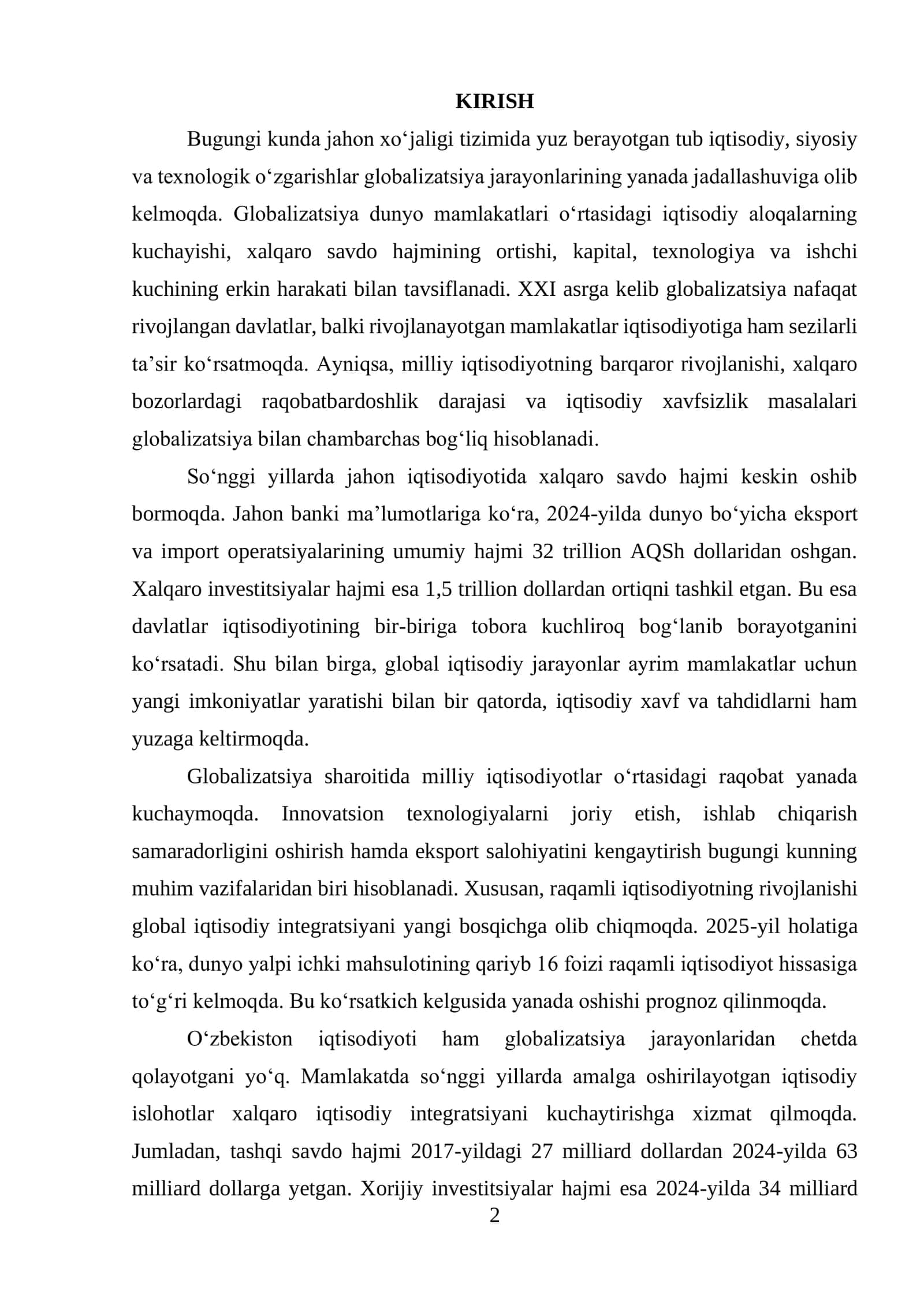 GLOBALIZATSIYA JARAYONLARINING MILLIY IQTISODIYOT DINAMIKASIGA TA’SIRI 2